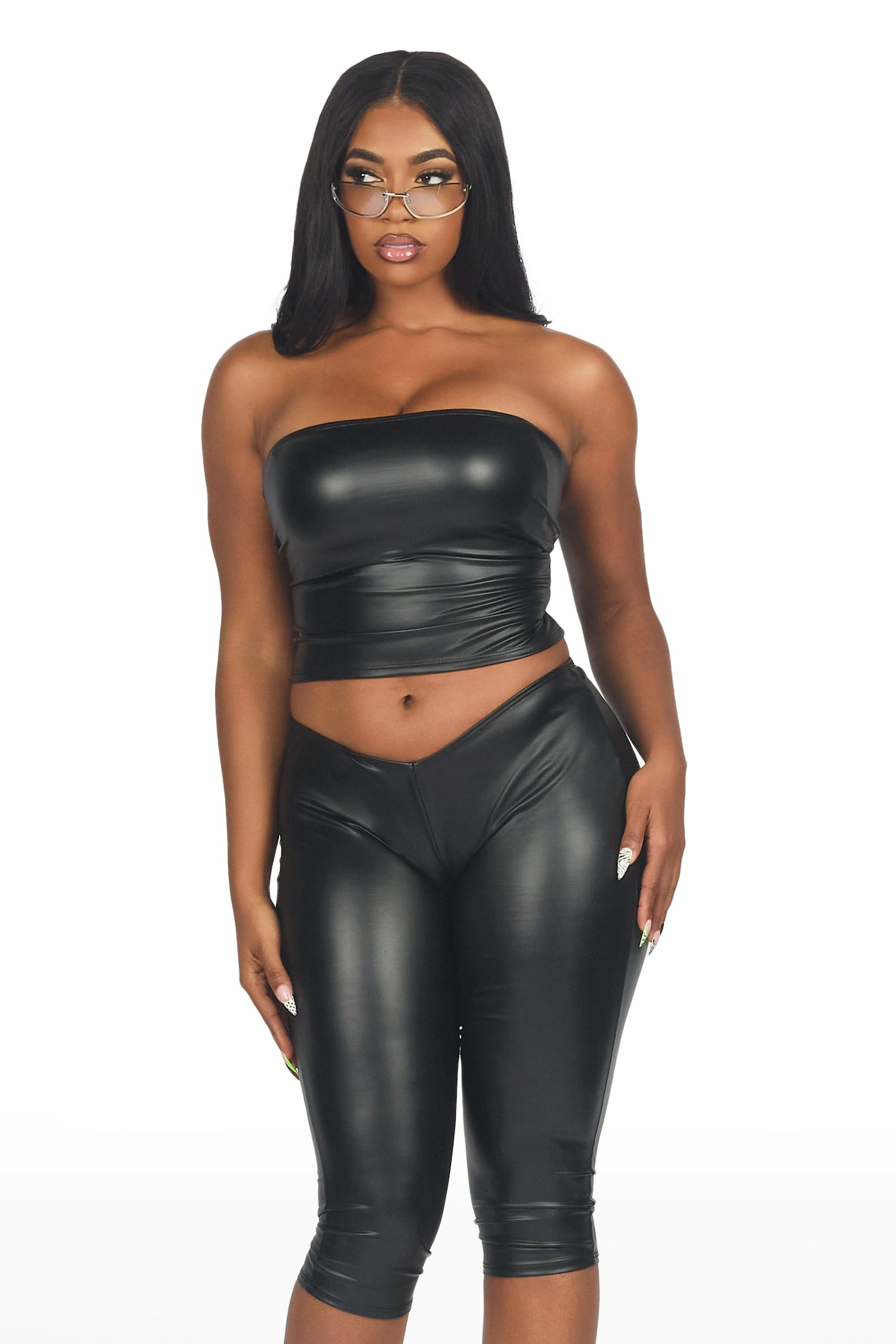 Deep V Pleather Black Capri Set