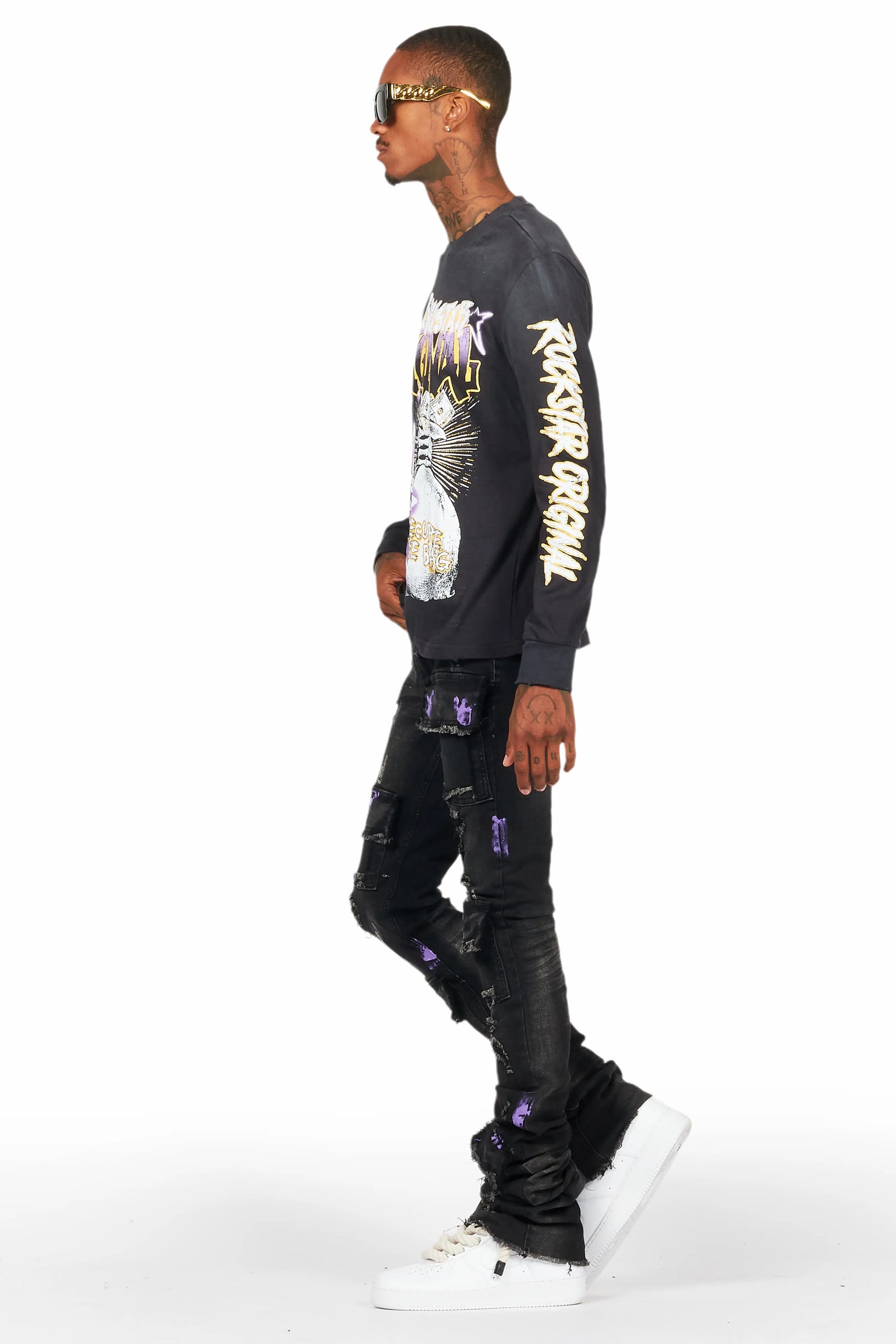 Amelie Black Long Sleeve T-Shirt/Stacked Flare Jean Bundle