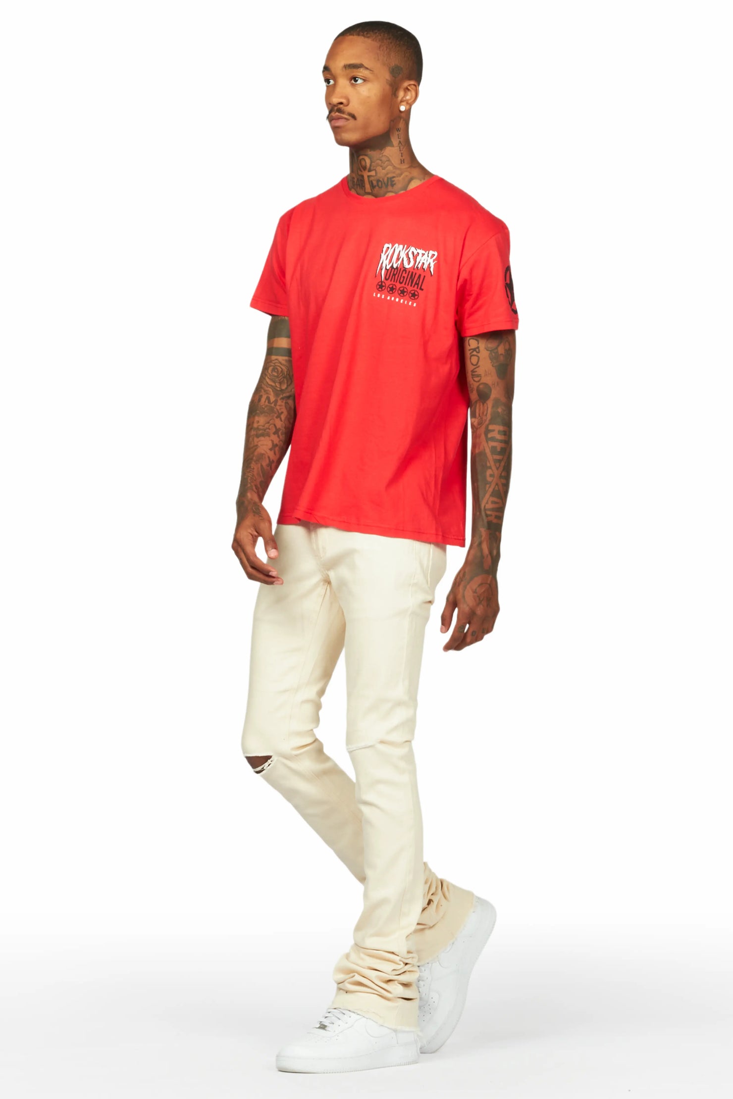 Wizzurd Red T-Shirt & Josiah Beige Super Stacked Flare Jean Bundle