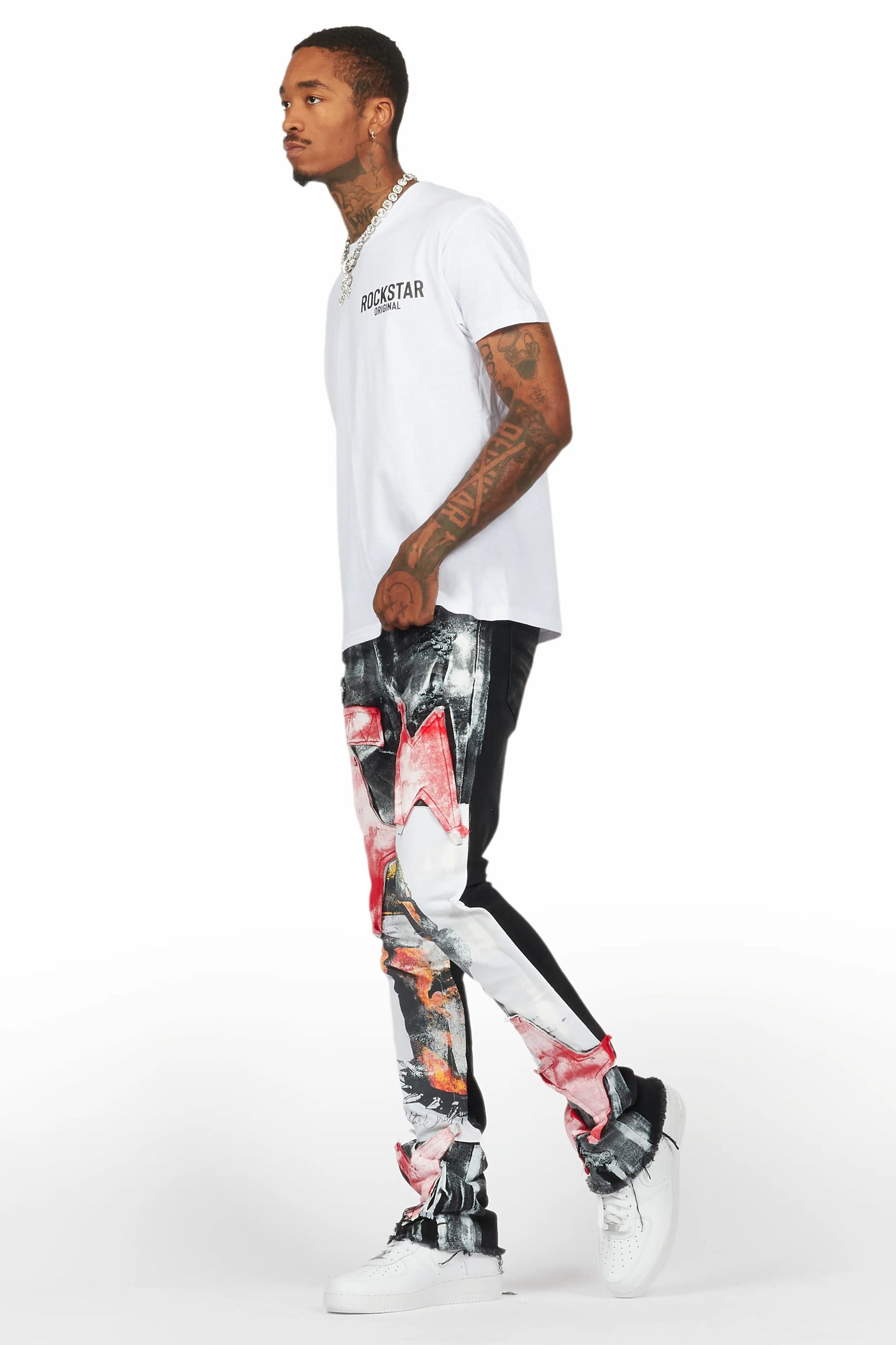 Savier Black/White Roller Paint Stacked Flare Jean
