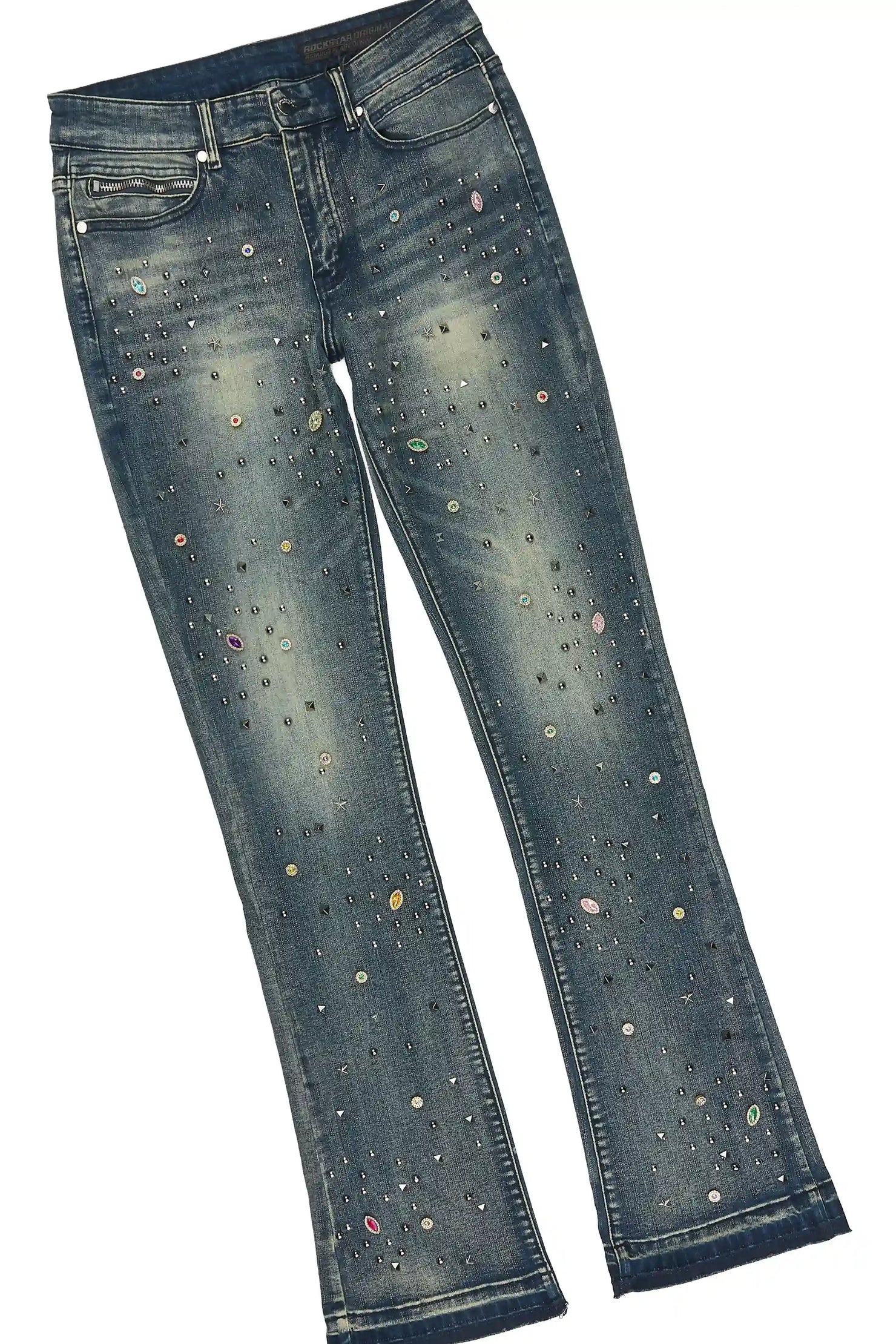 Norris Dark Blue Rhinestone Denim Jacket/Stacked Flare Jean Set