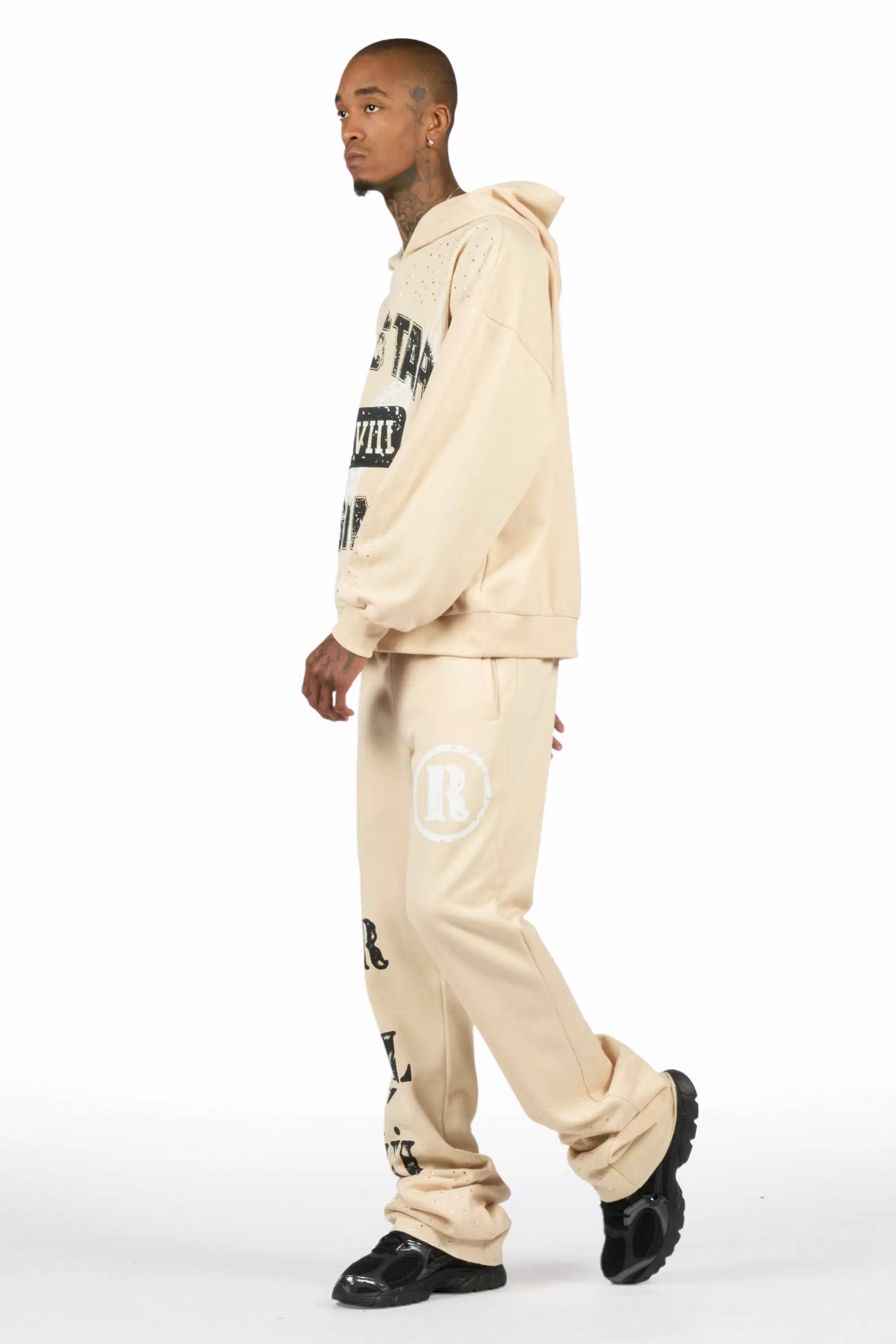 Borya Beige Rhinestone Hoodie/Stacked Pant Track Set