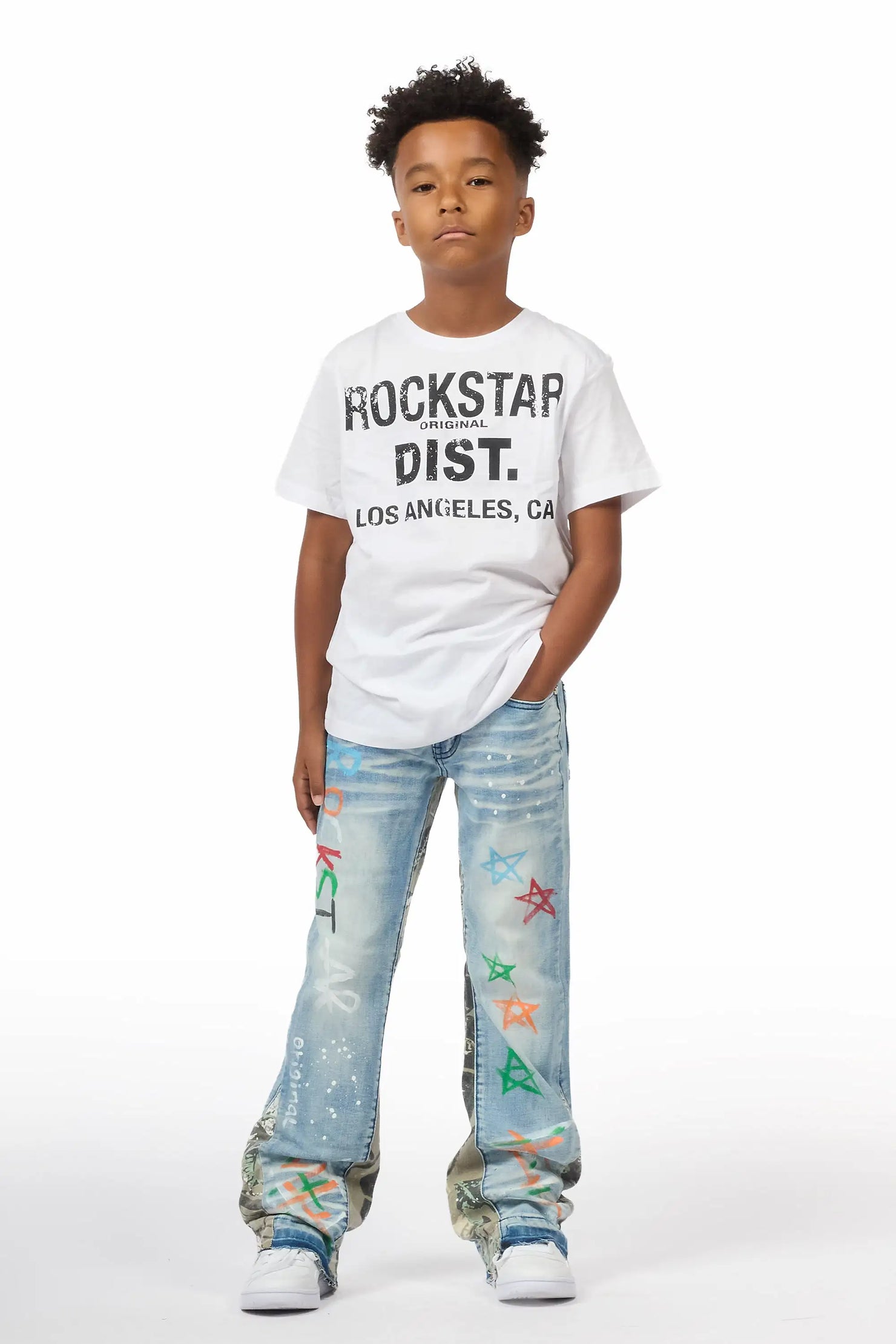 Boys Strass Blue Painted Stacked Flare Jean