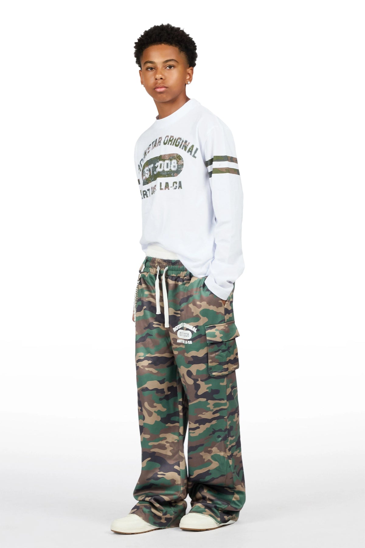 Boys Alexander White/Camo Long Sleeve Shirt Double Waisted  Super Baggy Track Set