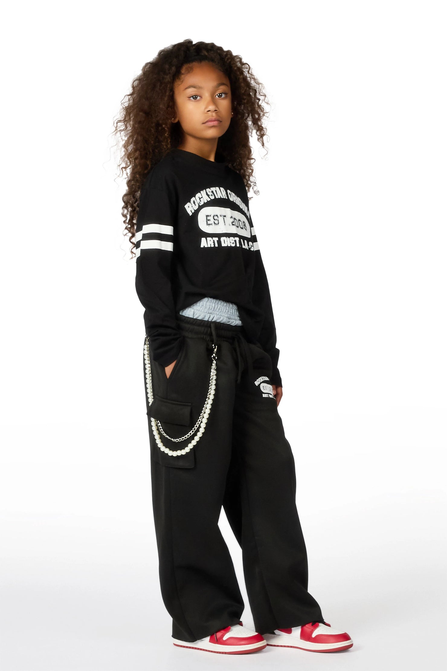 Girls Alexa Black Long Sleeve Shirt Double Waisted Super Baggy Track Set