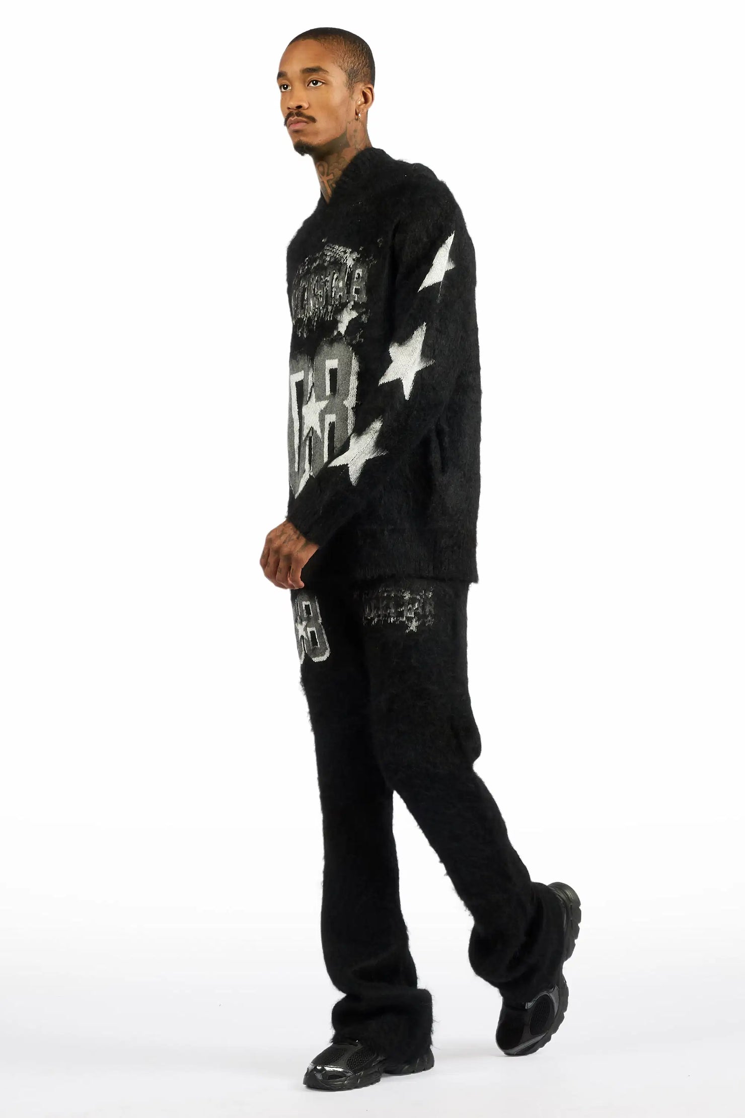 Allstar Black Hoodie Stacked Flare Knitted Mohair Track Set