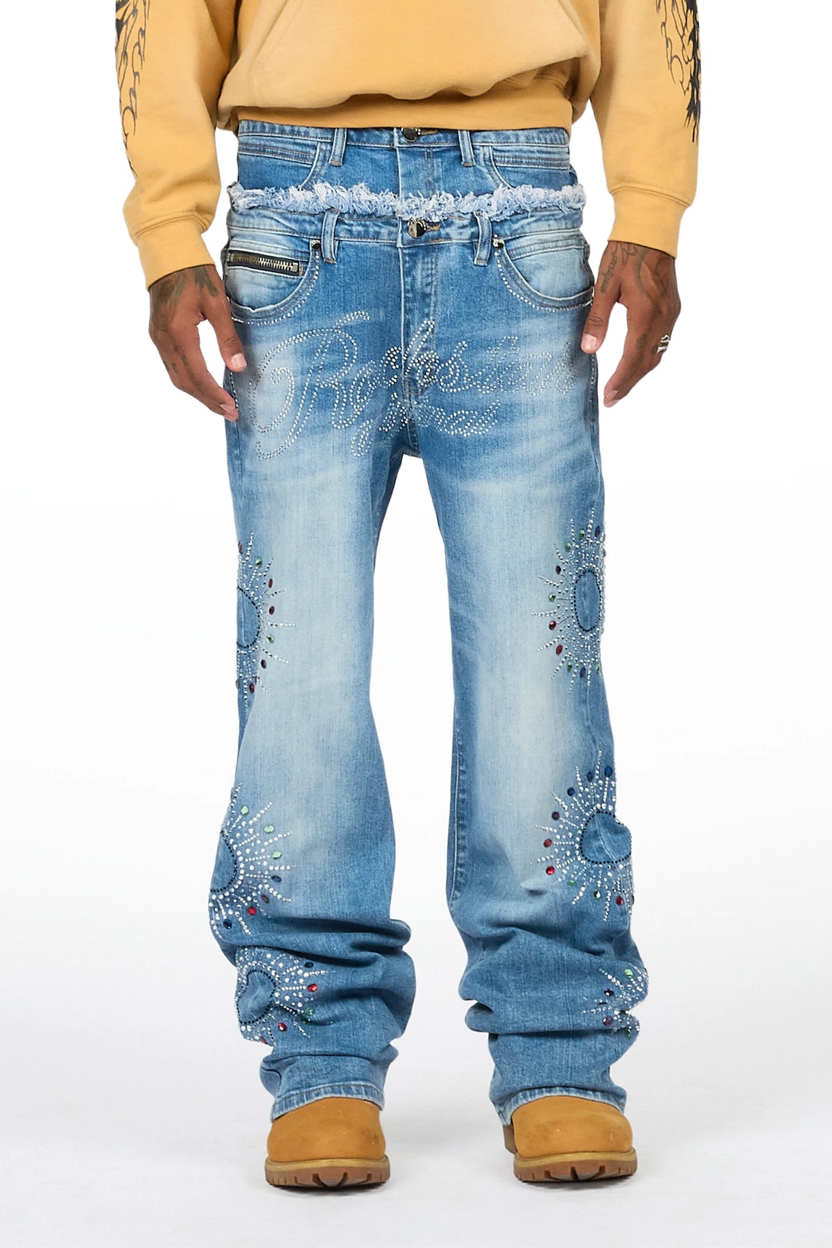Silo Blue Rhinestone Double Waisted Baggy Fit Jean