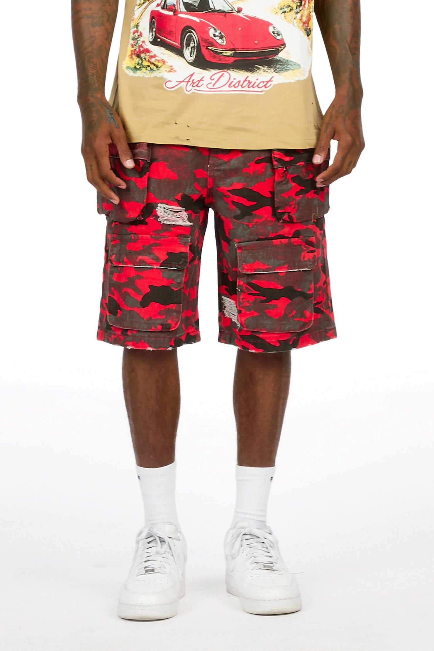 Savion Red Camo Denim Short