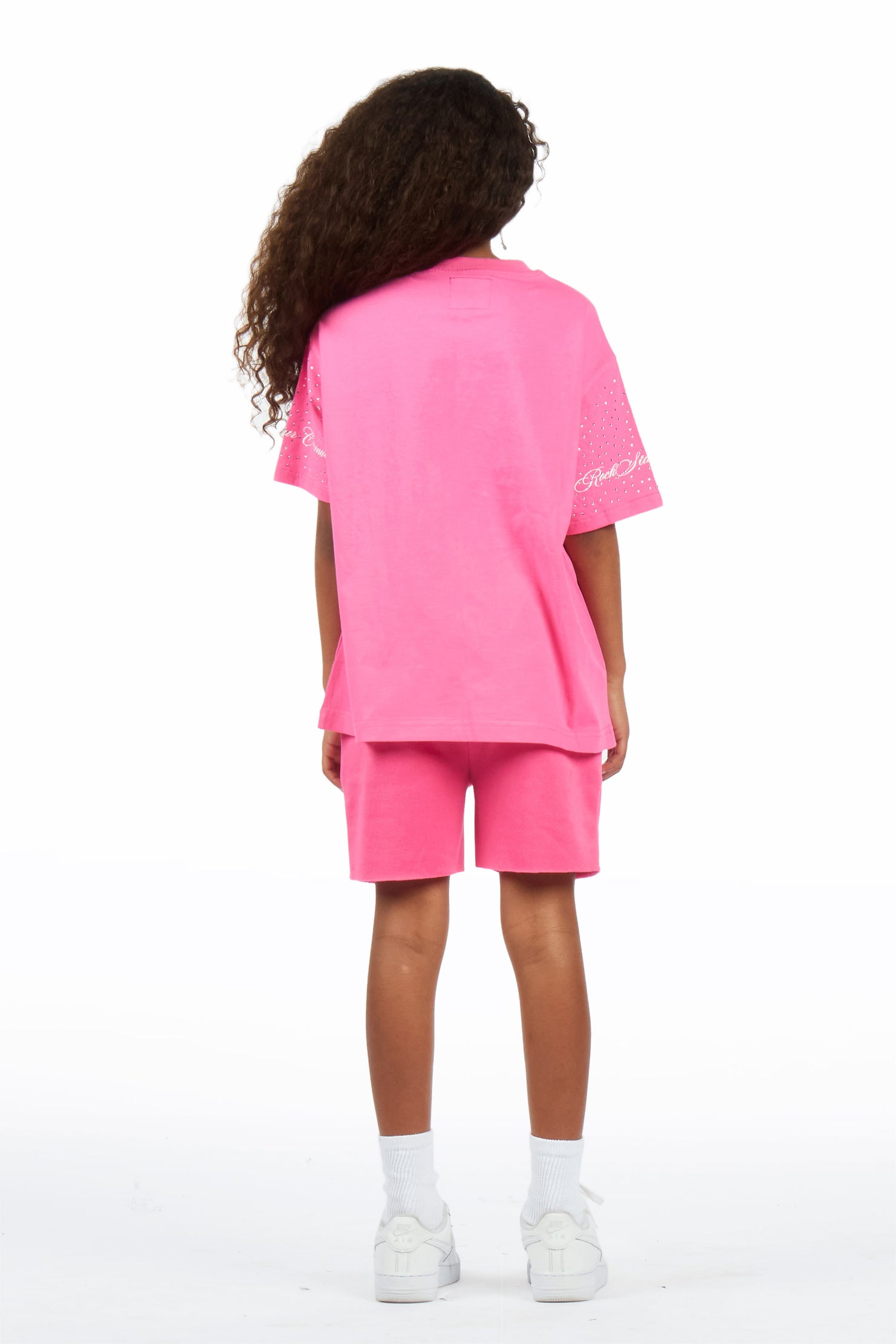Girls Lakisha Pink Rhinestone Oversized T-Shirt Short Set
