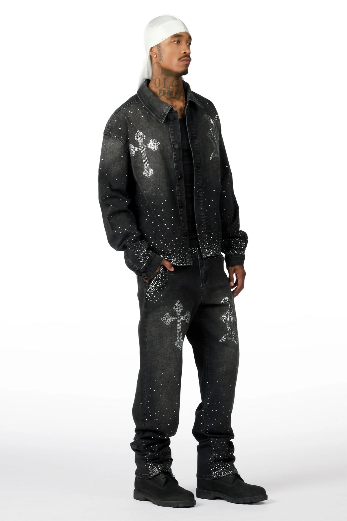 Clemente Dark Grey Rhinestone Button Down Shirt/Jean Set