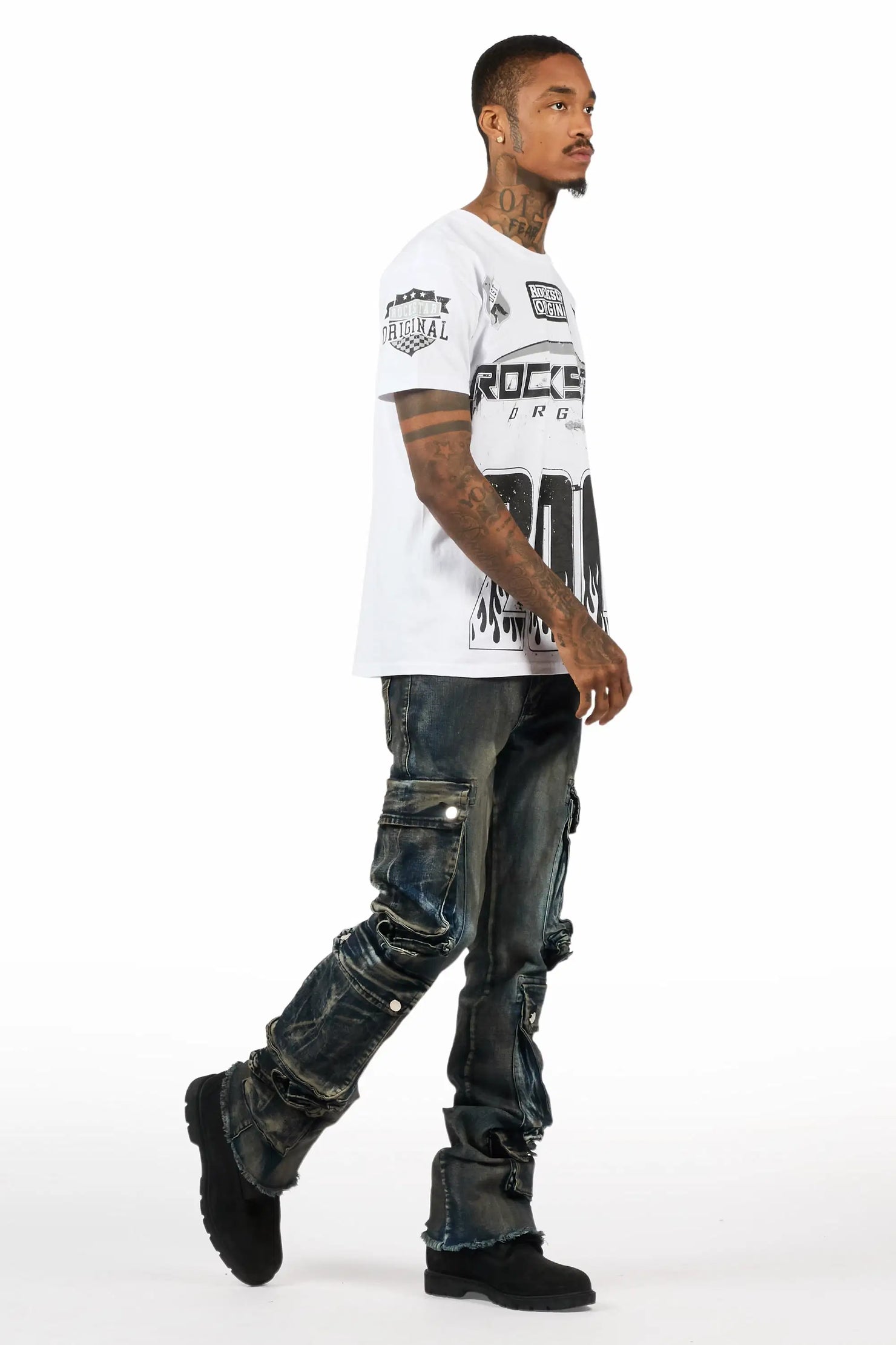 Cloudy Dark Blue Stacked Flare Jean