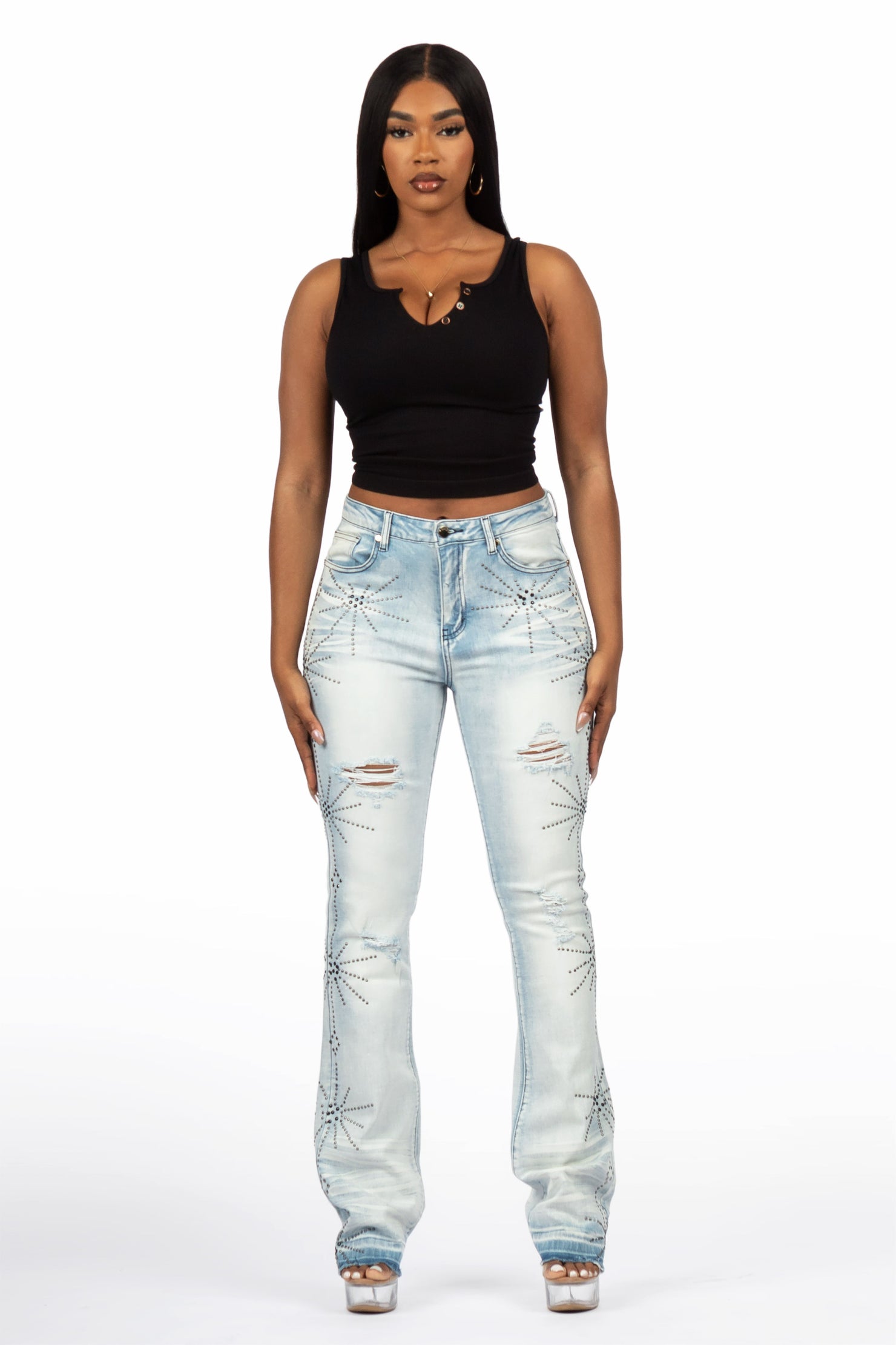 Ikia Light Wash Studded Stacked Flare Jean