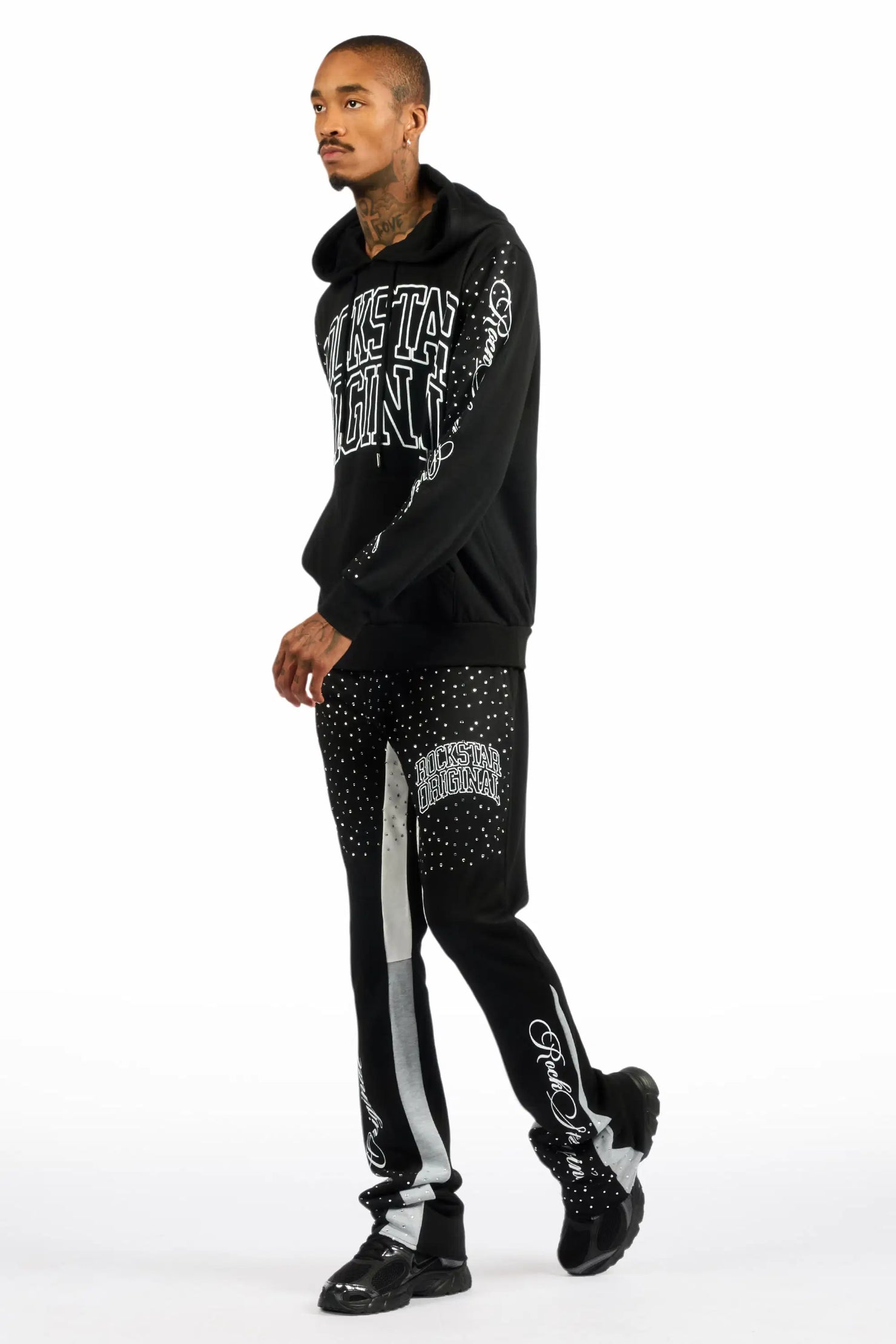 Dripped Black/Clear Rhinestone Hoodie/Stacked Flare Track Set