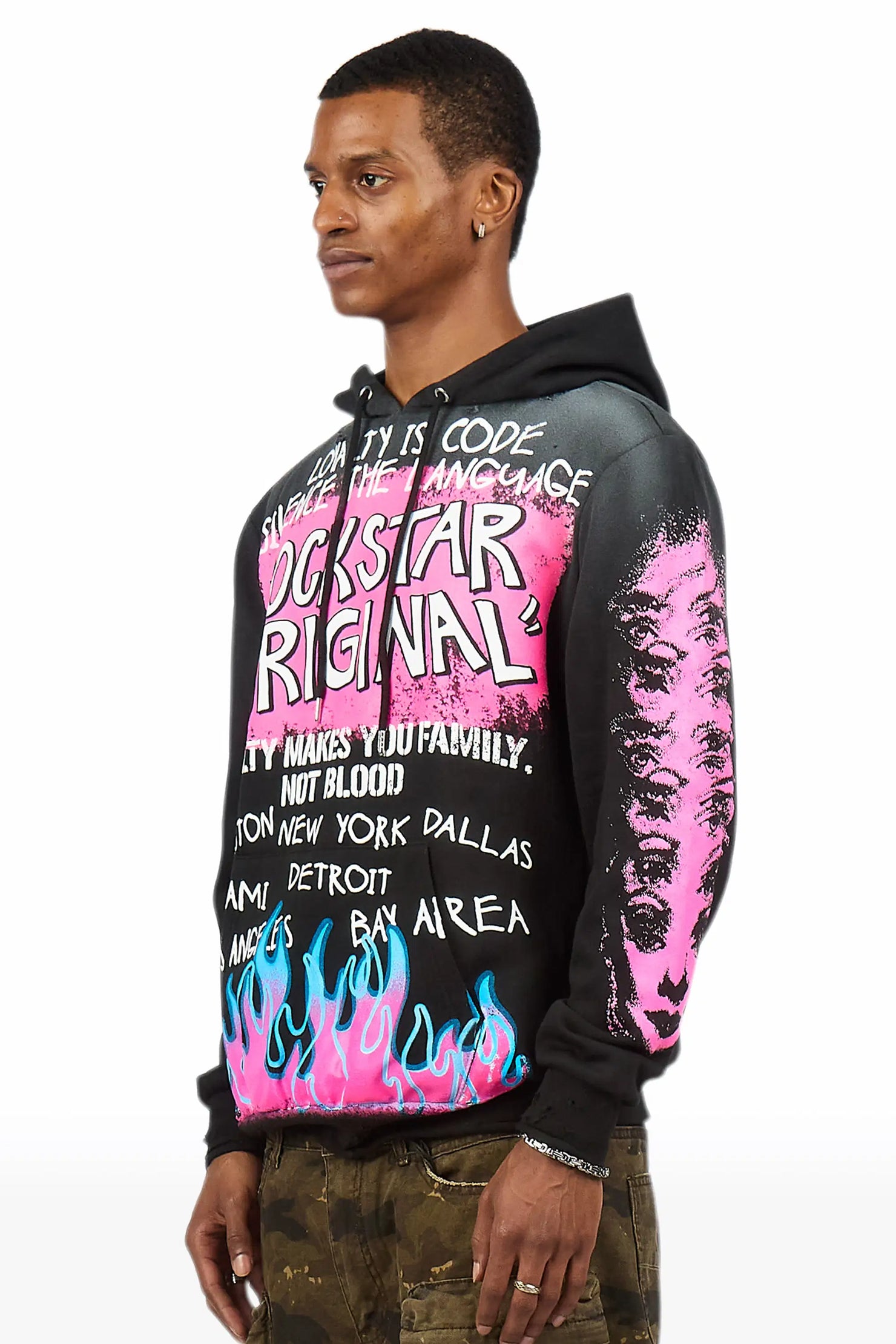 Beno Black/Pink Distressed Graphic Hoodie