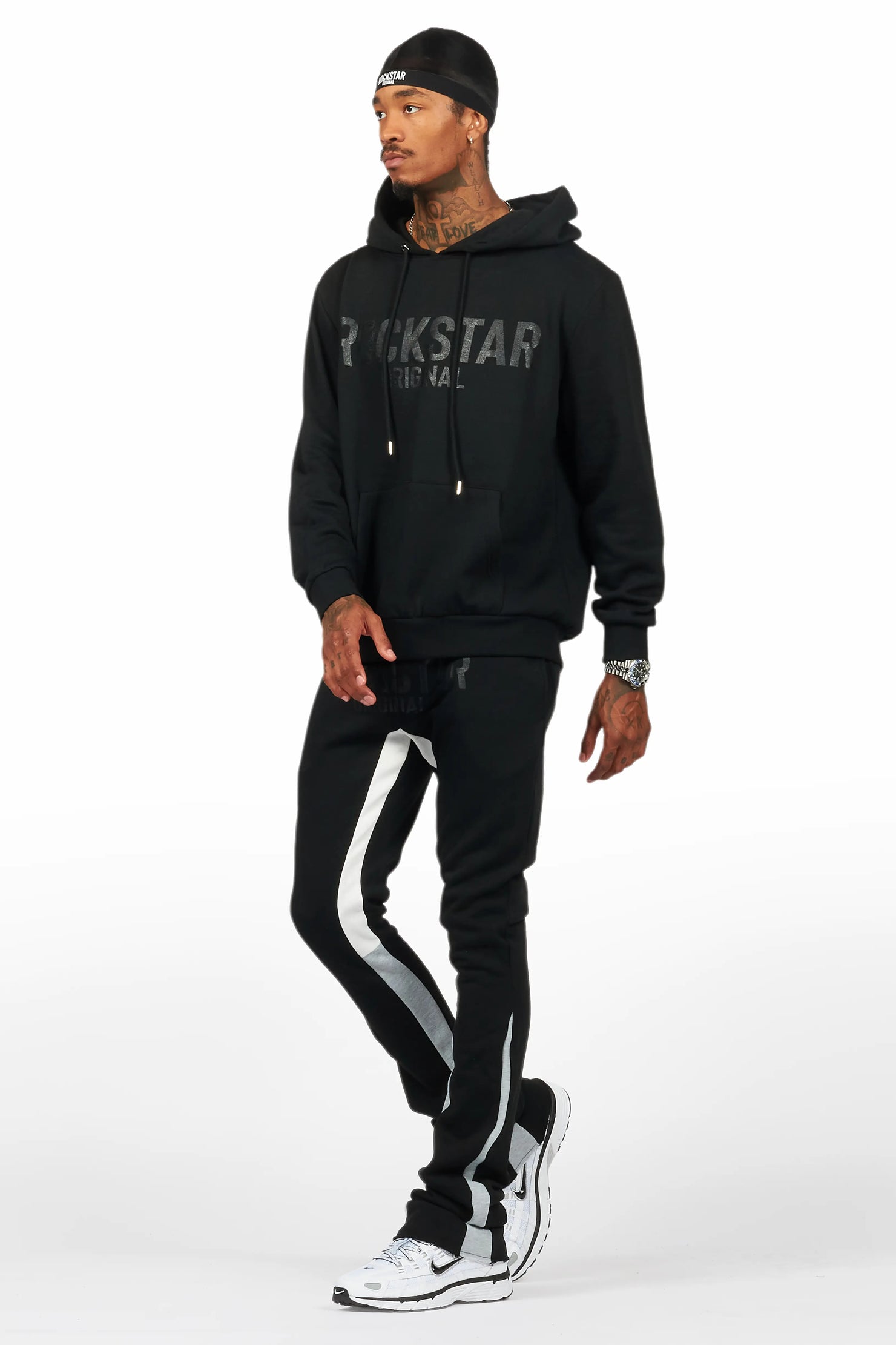 Sana Black Hoodie/Stacked Flare Track Pant Set