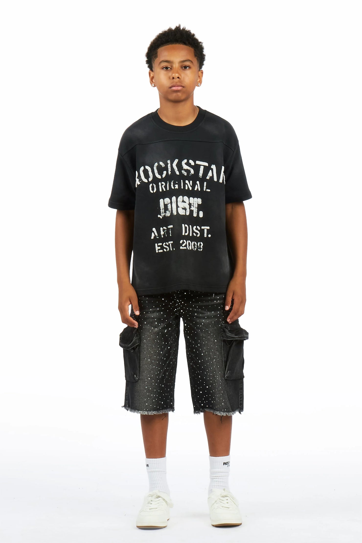 Boys Grand Black Wash Rhinestone Jort