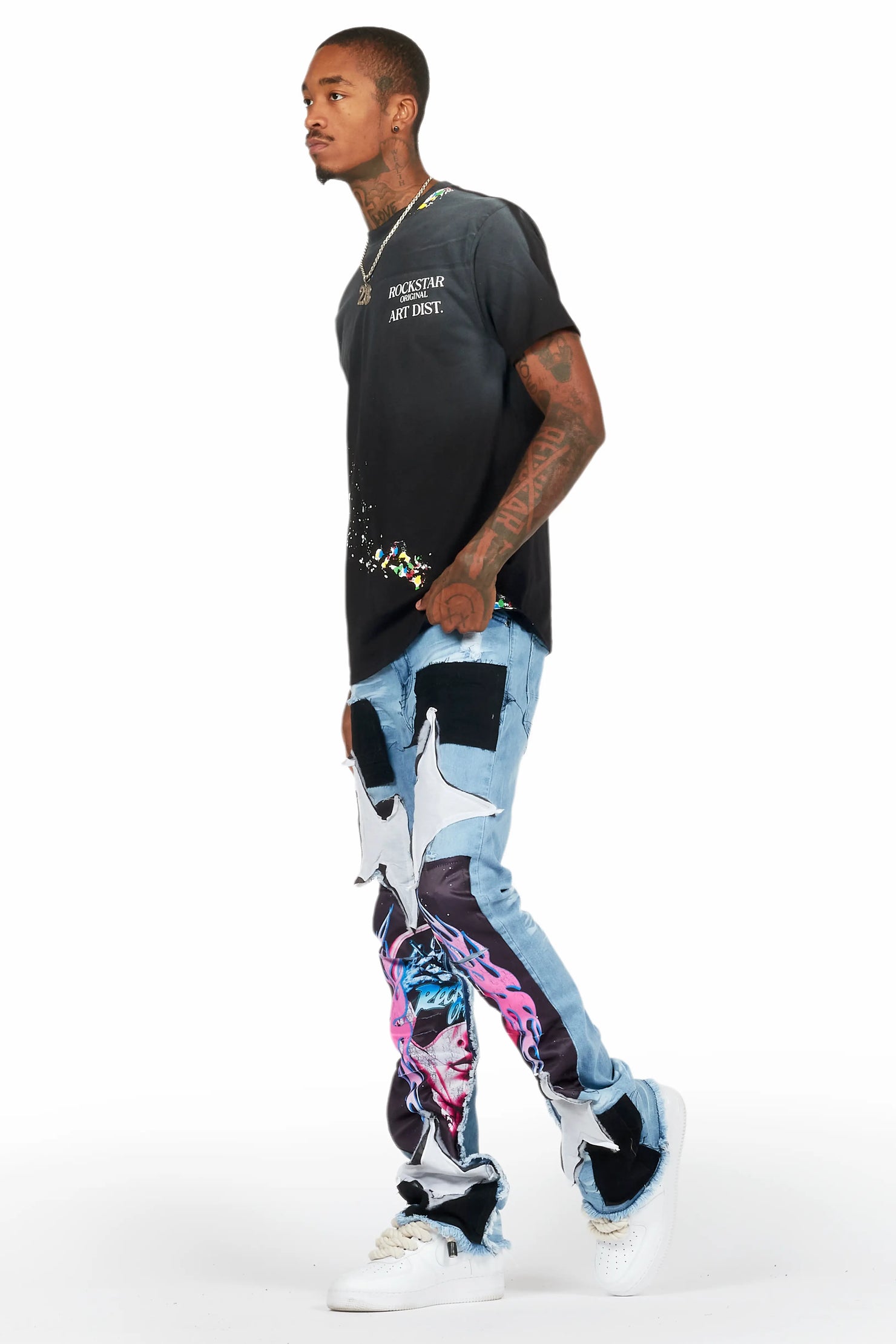 Helios Blue Patchwork Stacked Flare Jean