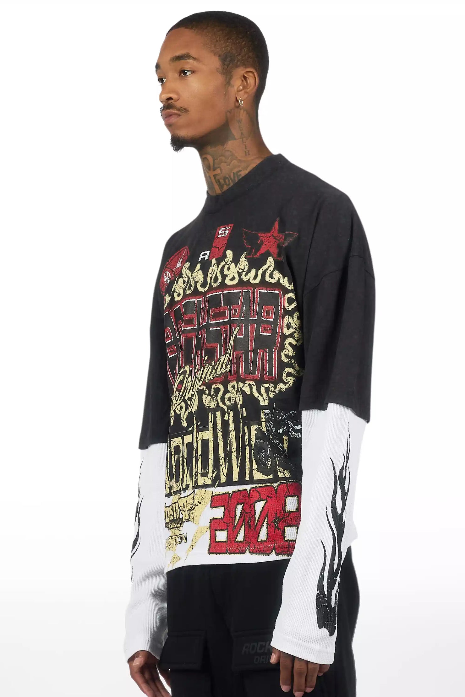 Deangelo Vintage Black/Red Boxy Crop Double Layer Tee