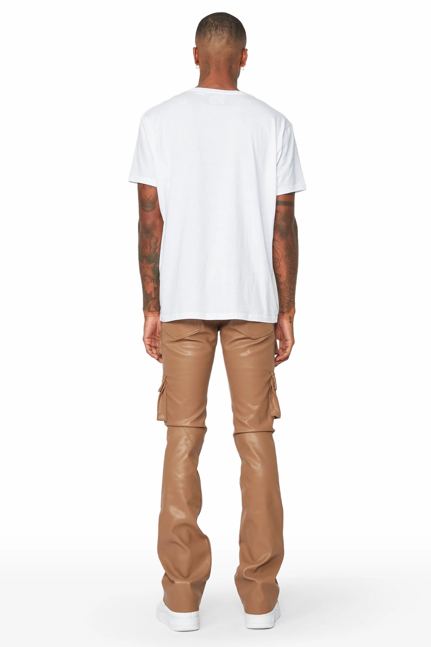 Khaza Tan Faux Leather Stacked Flare Jean