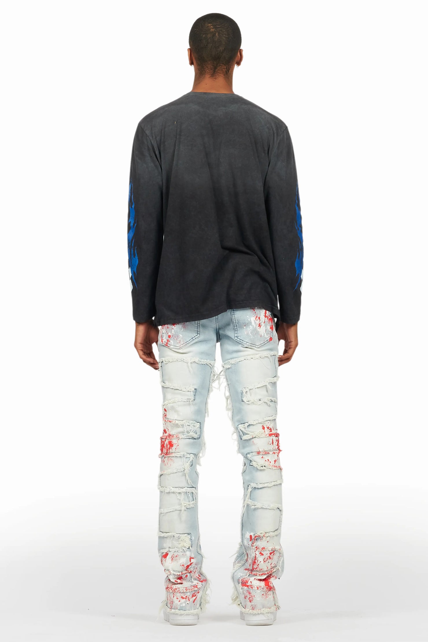 Kodak Blue/Red Painter Stacked Flare Fringe Jean