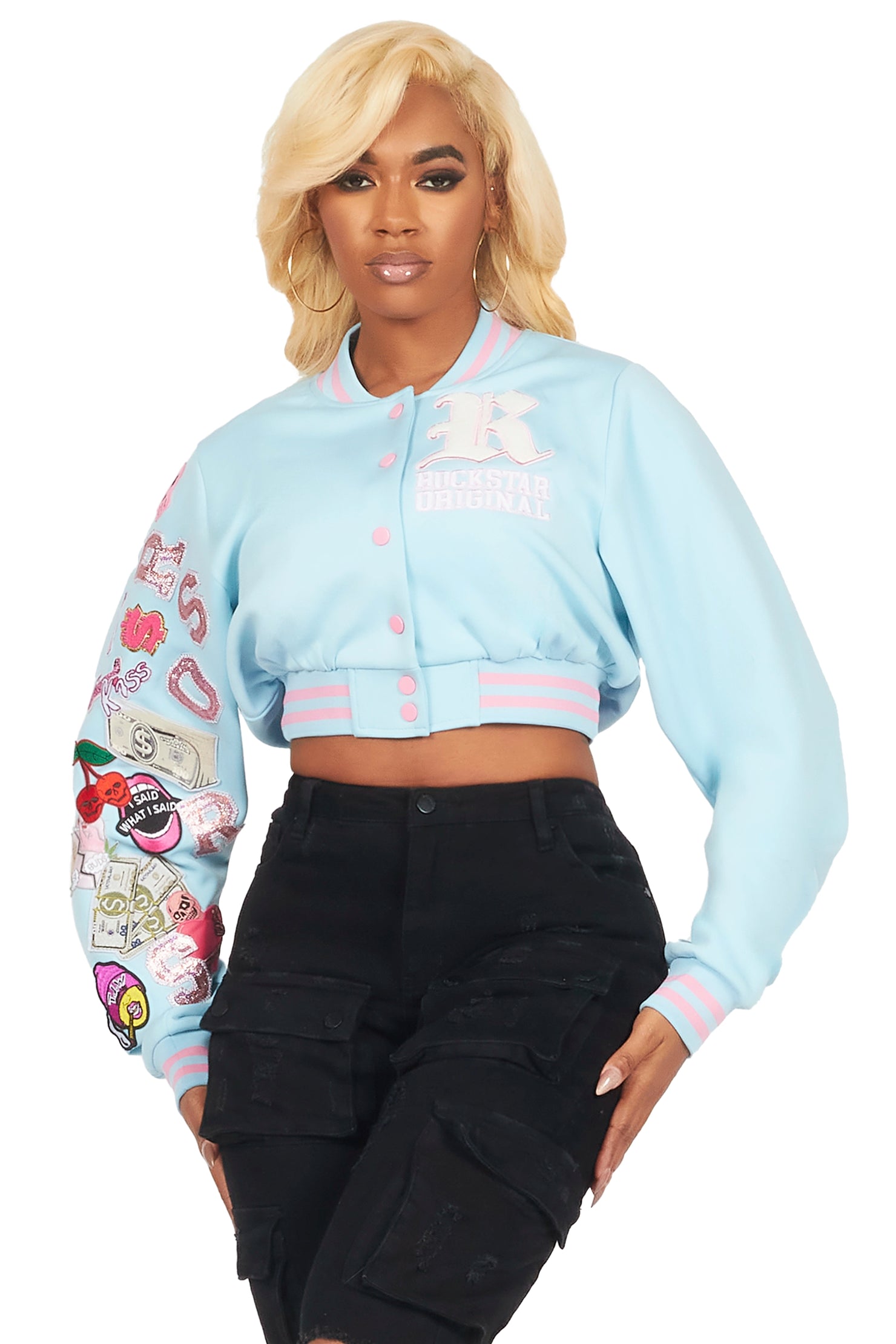 Jakaira Blue Crop Varsity Jacket