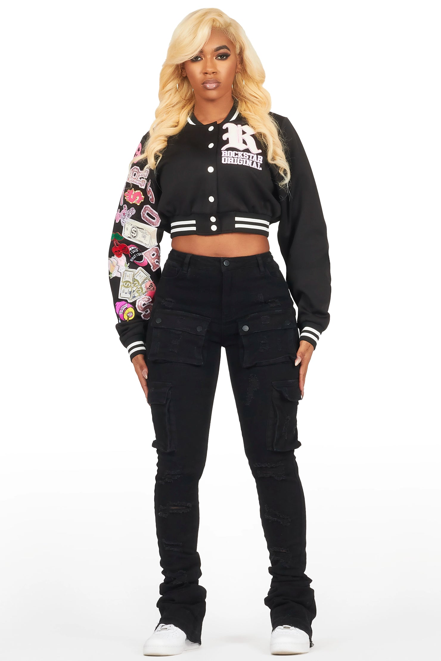 Jakaira Black Crop Varsity Jacket