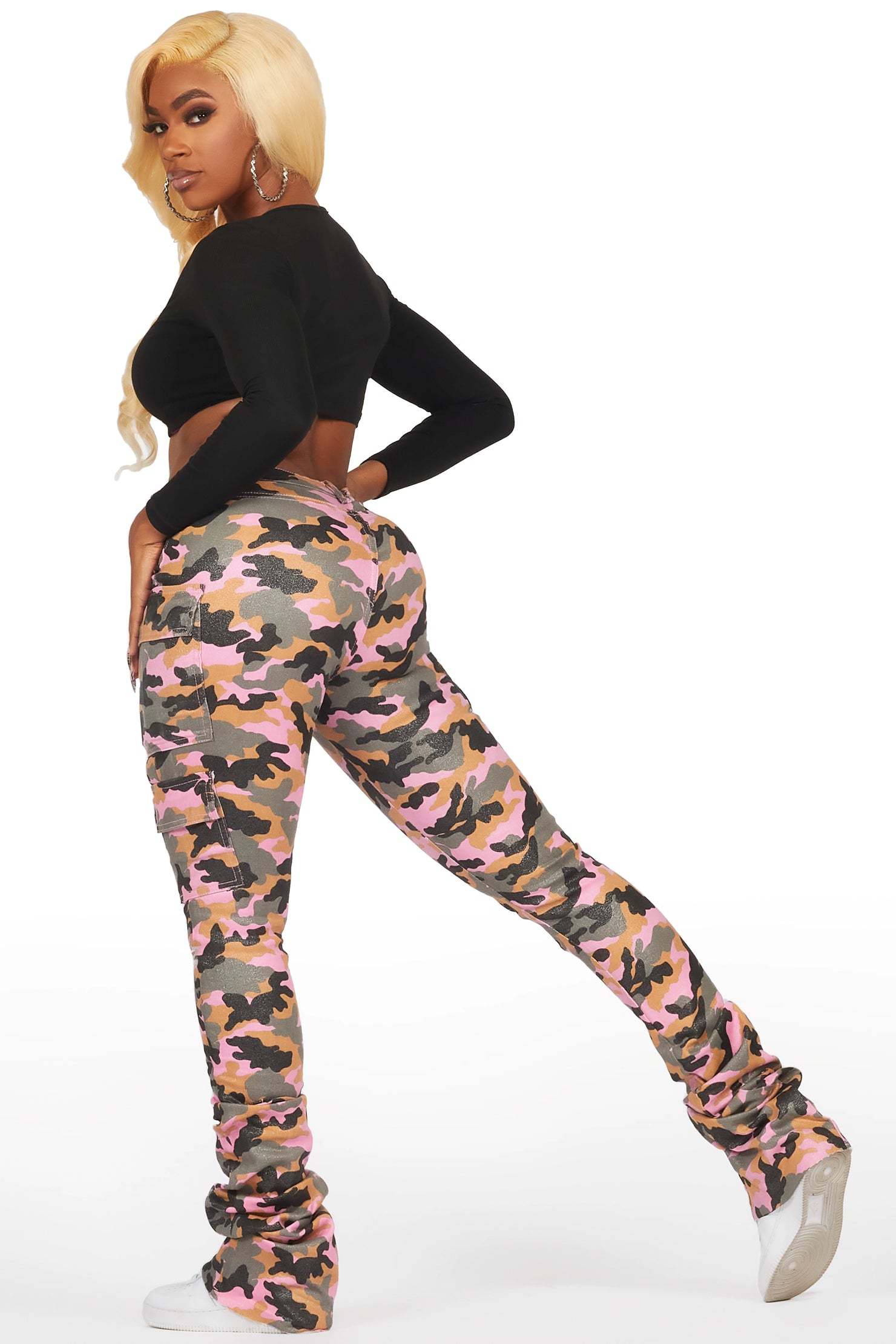Alaysha Pink Camo Cargo Super Stacked PU Pant