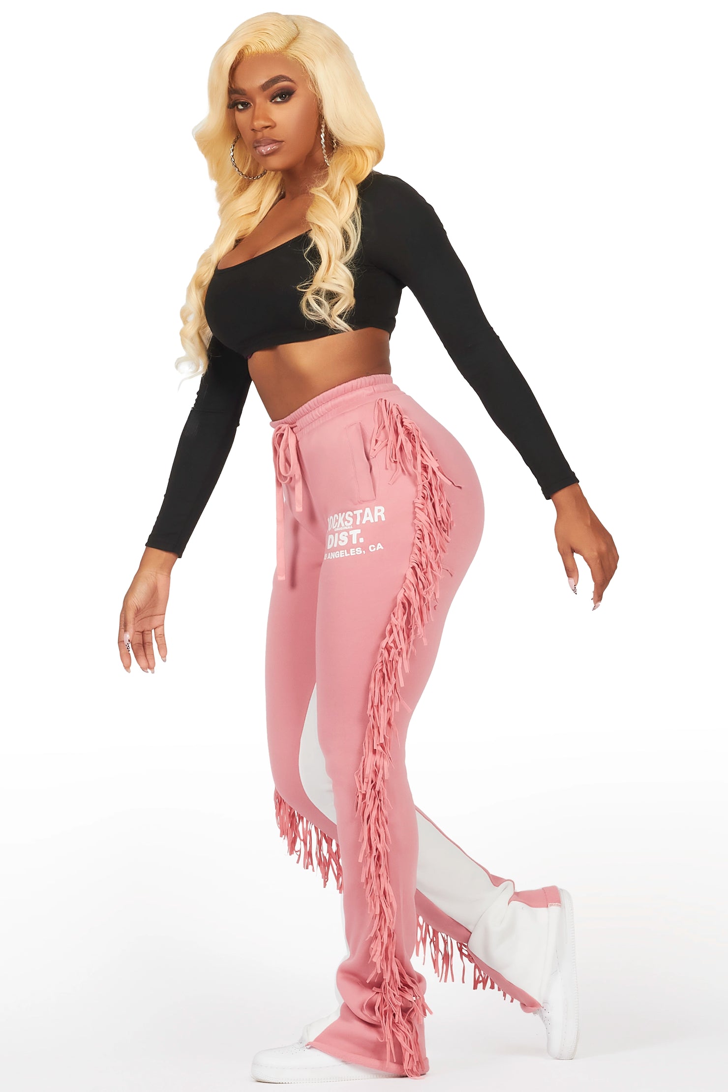 Kendra Pink Fringe Stacked Flare Track Pant