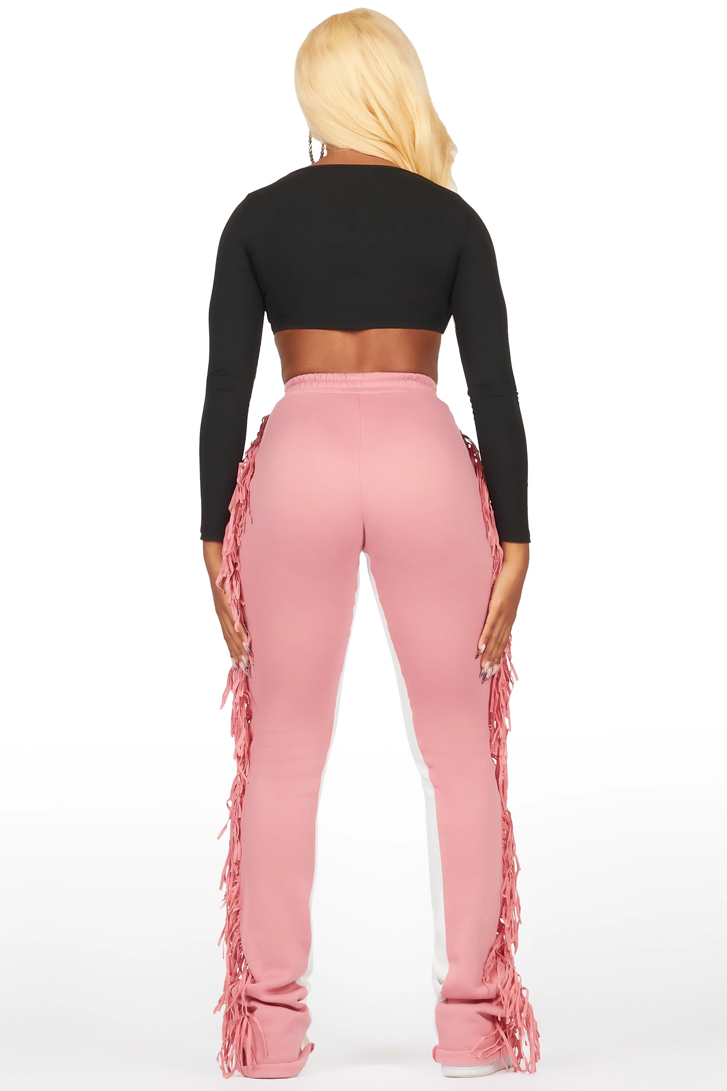 Kendra Pink Fringe Stacked Flare Track Pant