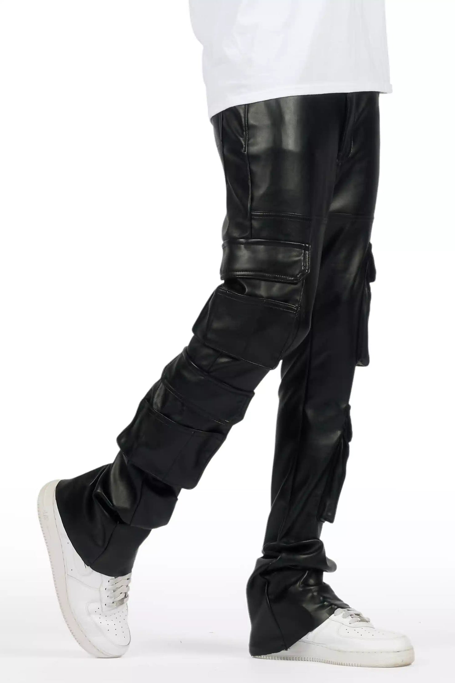 Keylor Black Stacked Flare PU Pants