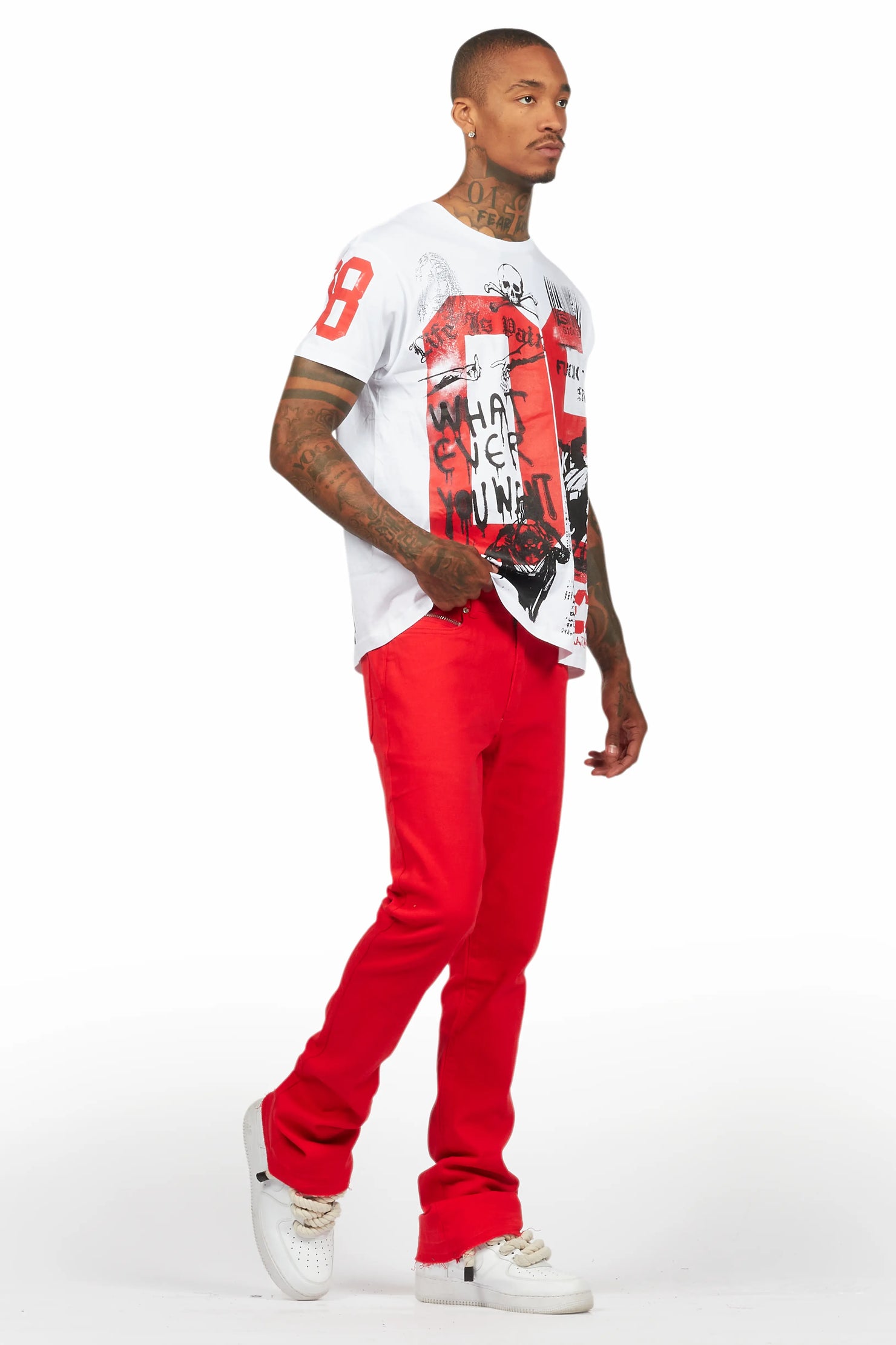 Grill White/Red Oversized Graphic T-Shirt/Dag Stacked Flare Jean Set