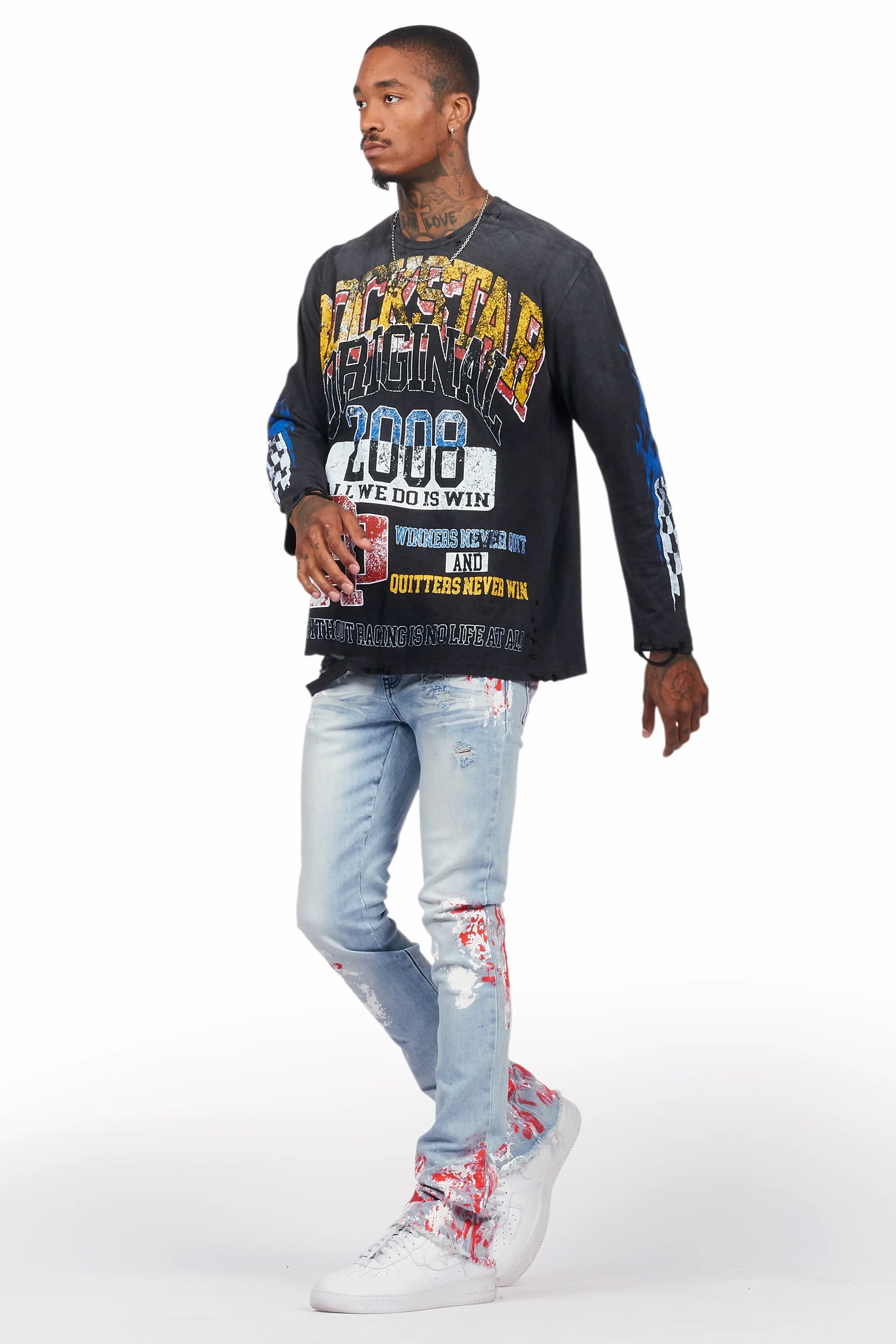 Kodak Blue/Red Painter Stacked Flare Jean