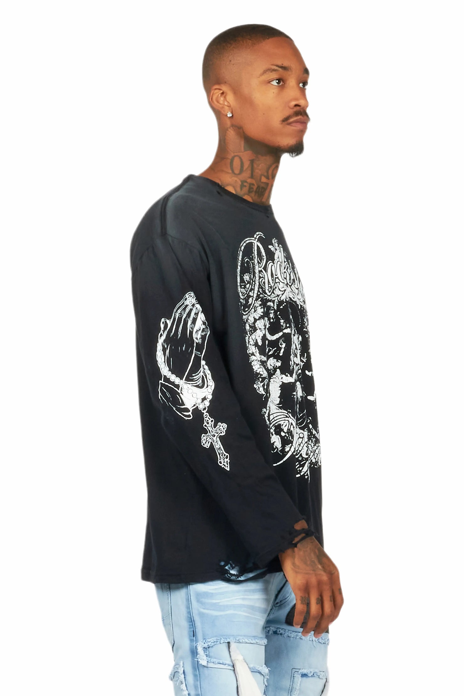 Vamp Black Long Sleeve Distressed Graphic T-Shirt
