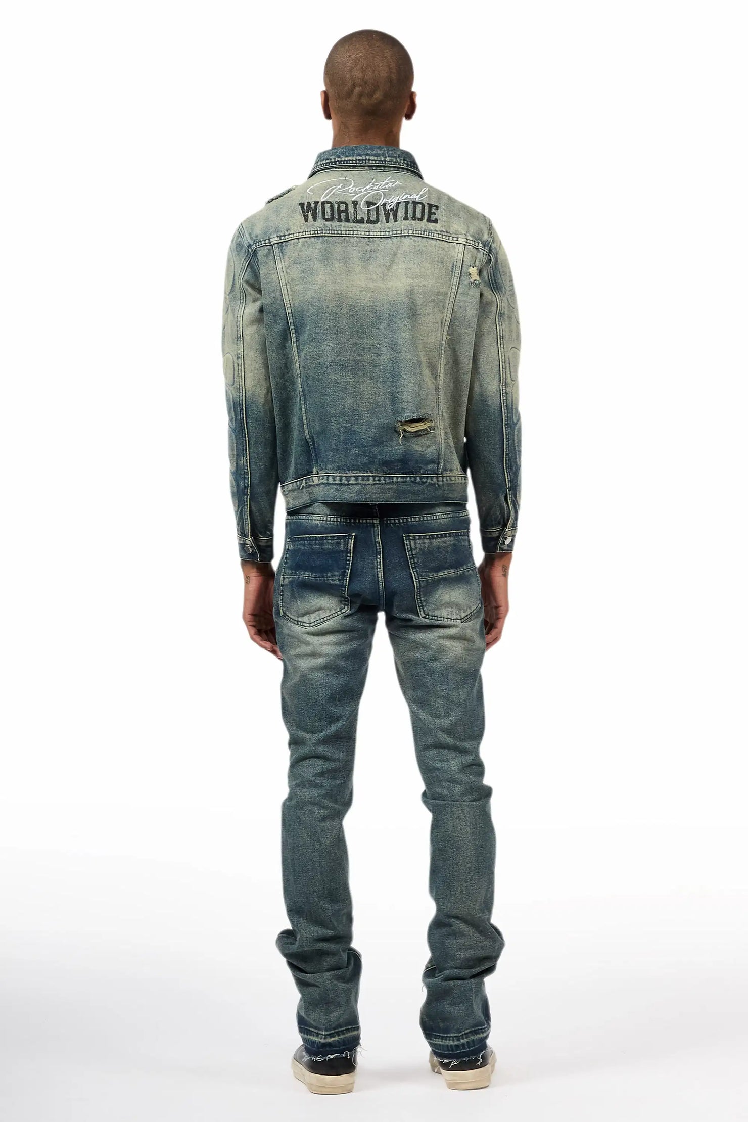 Throttle Blue Denim Jacket/Stacked Flare Jean Set