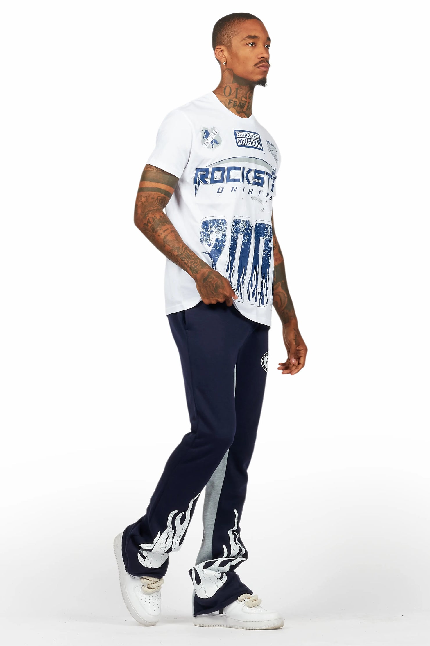 Amos White/Navy T-Shirt/Stacked Baggy Track Pant Set