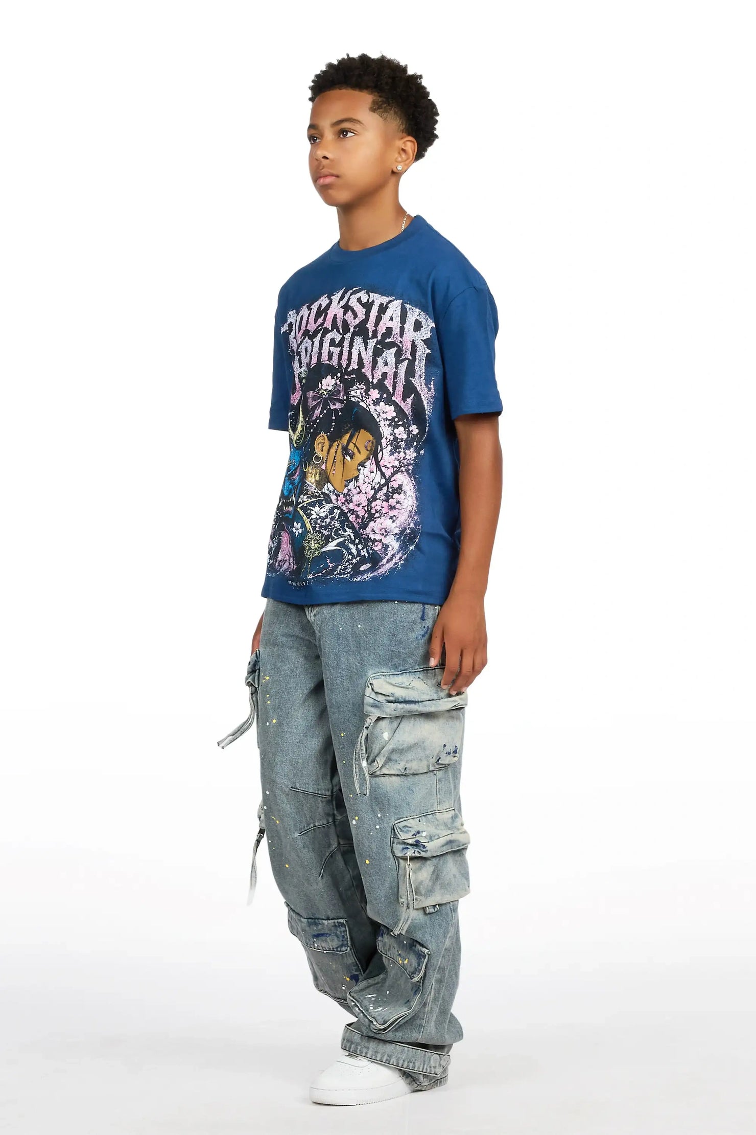 Boys Kavero Navy/Blue T-Shirt Painter Baggy Jean Set