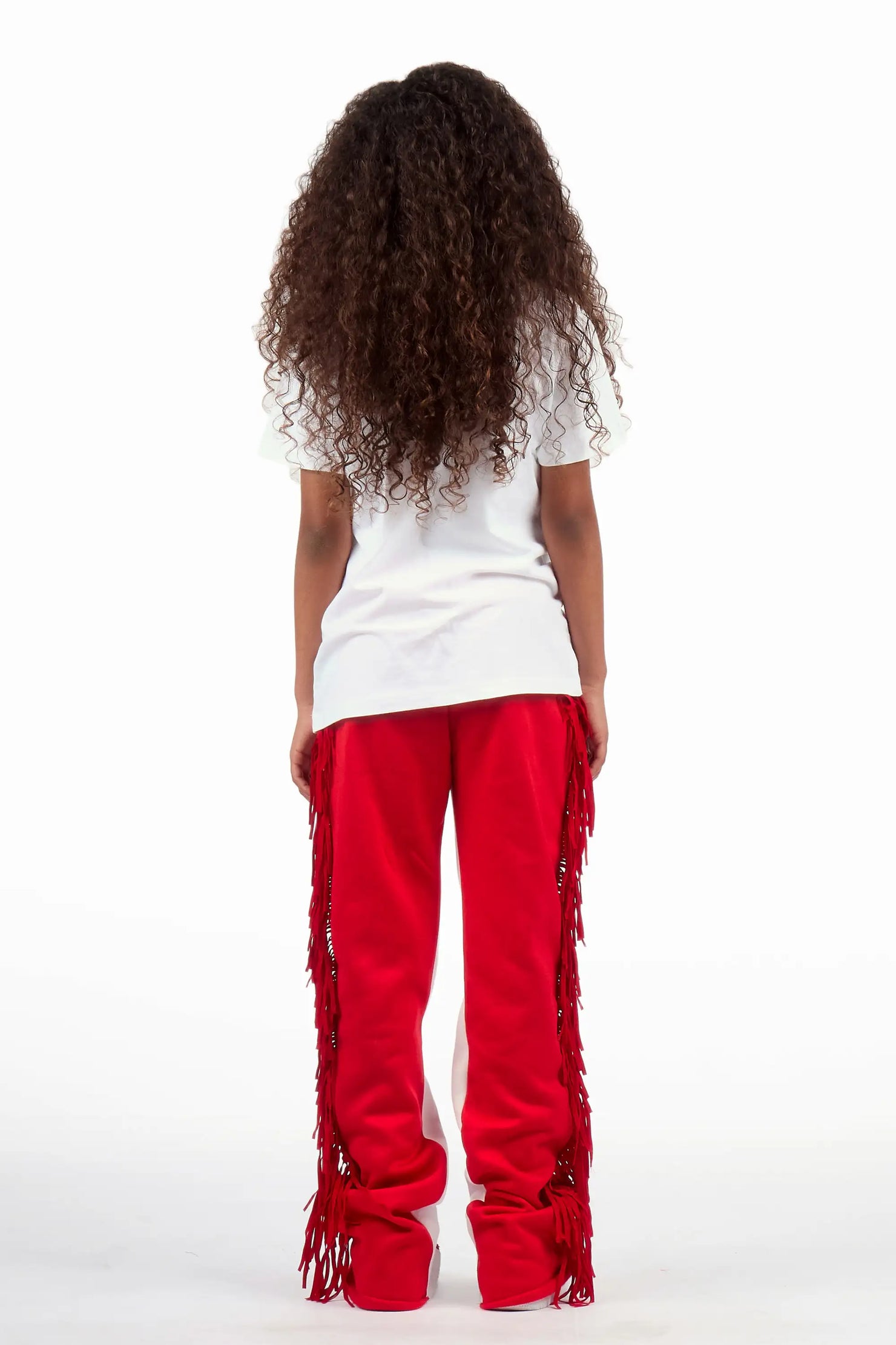 Girls Jannyk White/Red T-Shirt/Fringe Stacked Pant Set