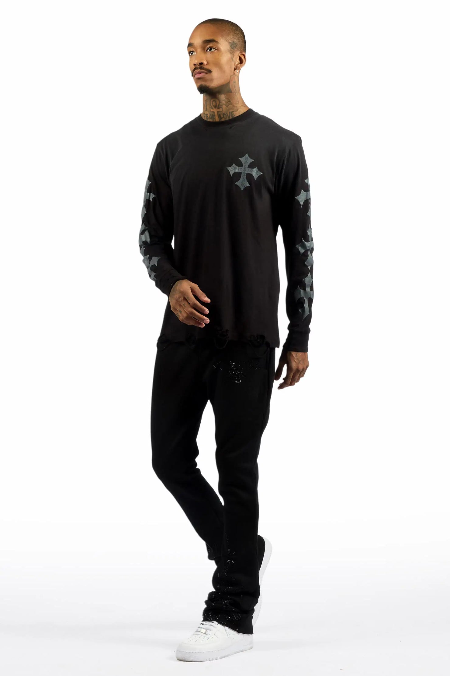 Pyrel Black/Black Rhinestone Stacked Flare Pant