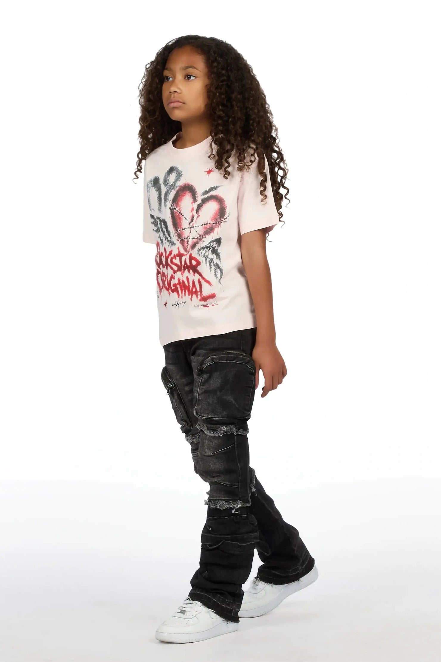 Girls Effigia Light Pink/Dark Grey T-Shirt Stacked Jean Set