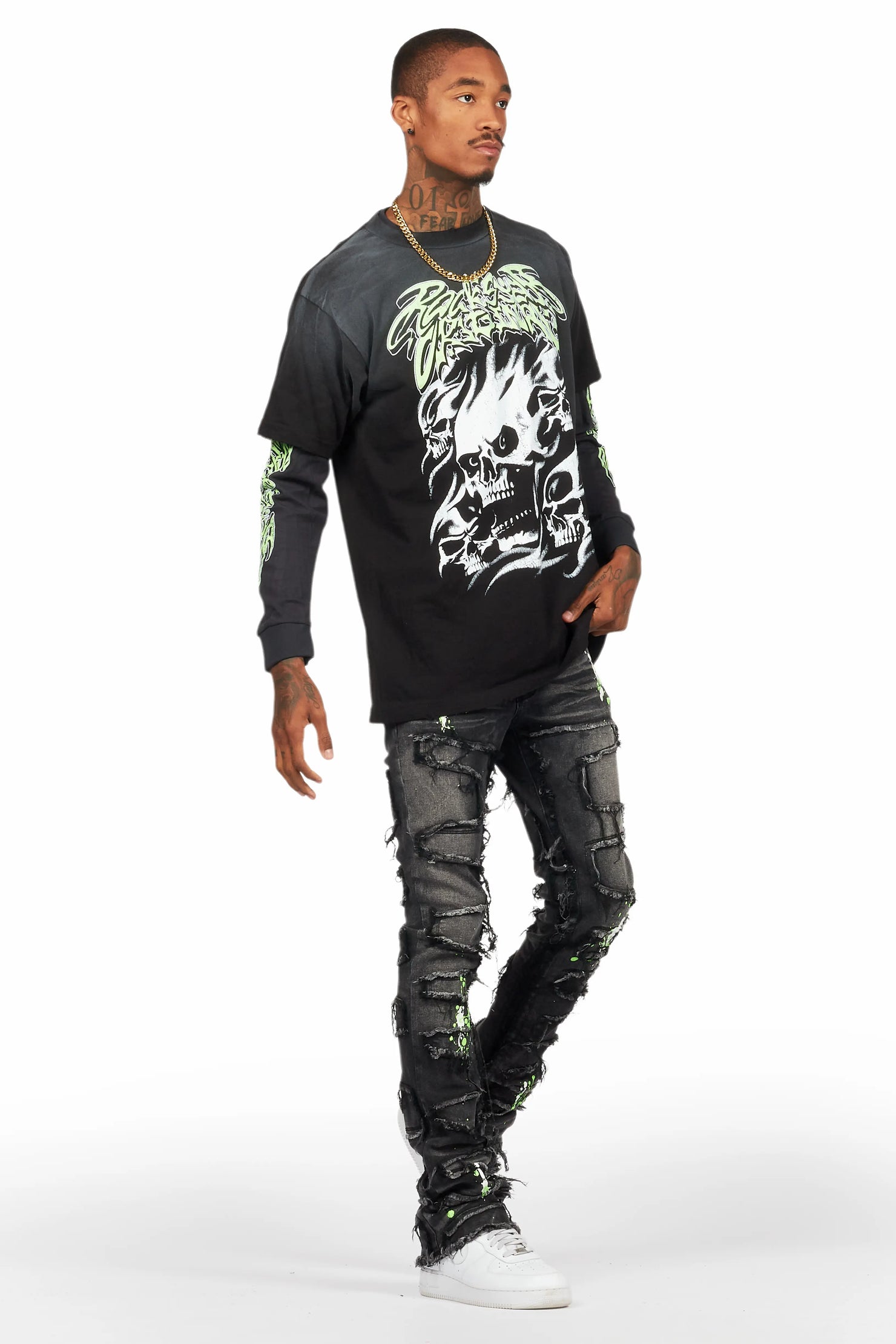 Schtupp Black Double Layer T-Shirt/Stacked Flare Jean Bundle