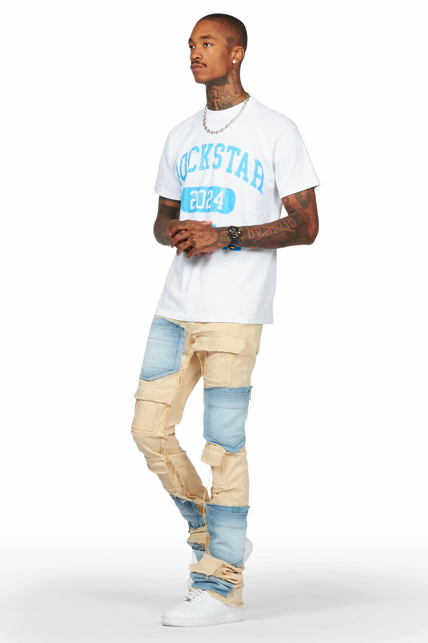 Heath Beige/Blue Patchwork Super Stacked Flare Jean