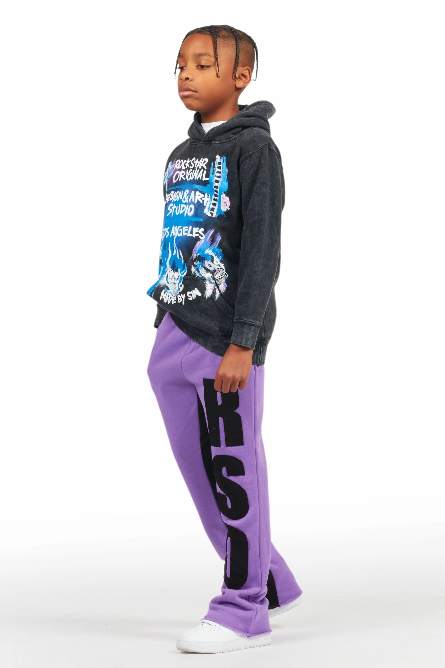 Boys Uko Purple Stacked Baggy Flare Pant
