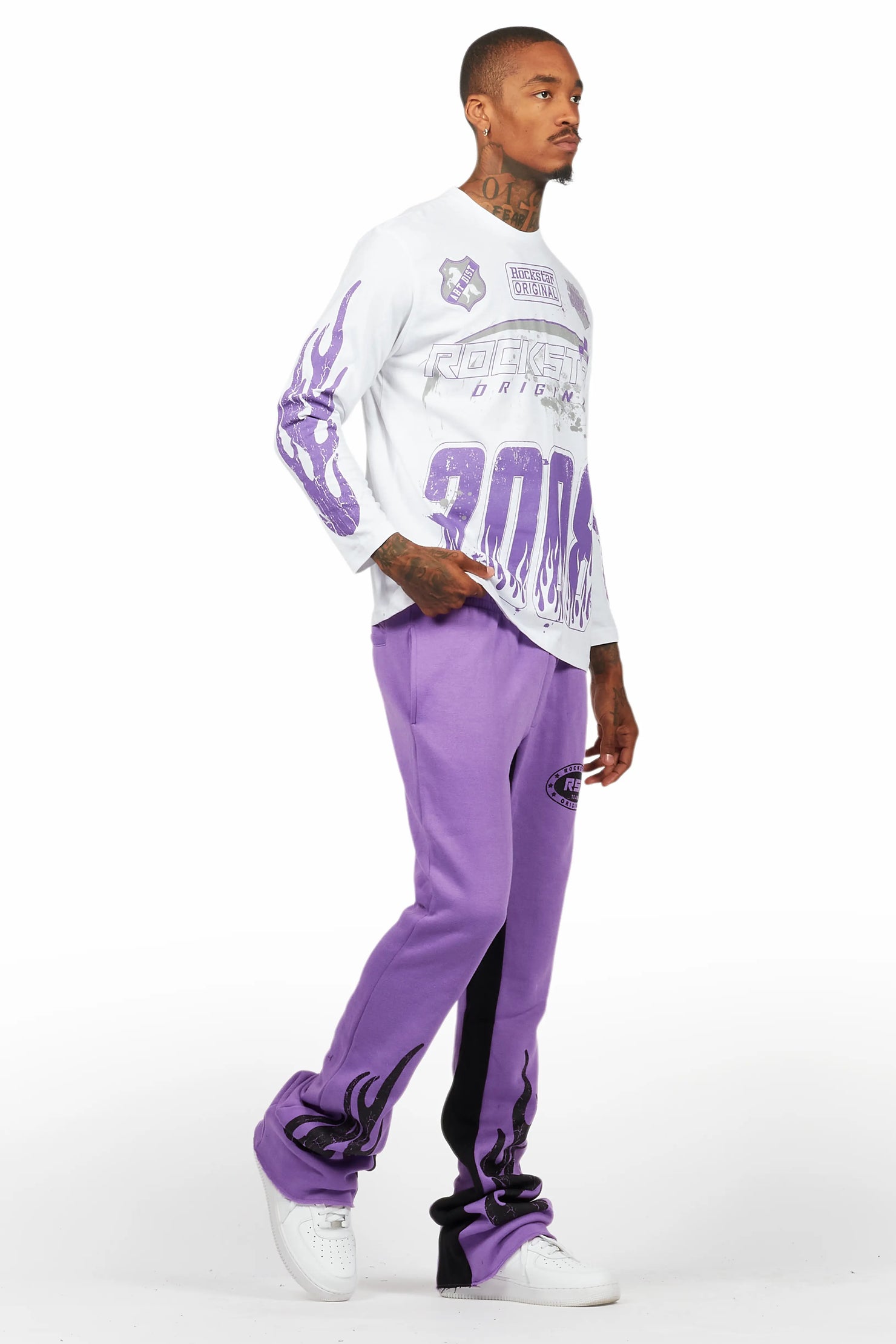 Amos Purple/White Long Sleeve T-Shirt/Stacked Baggy Pant Set
