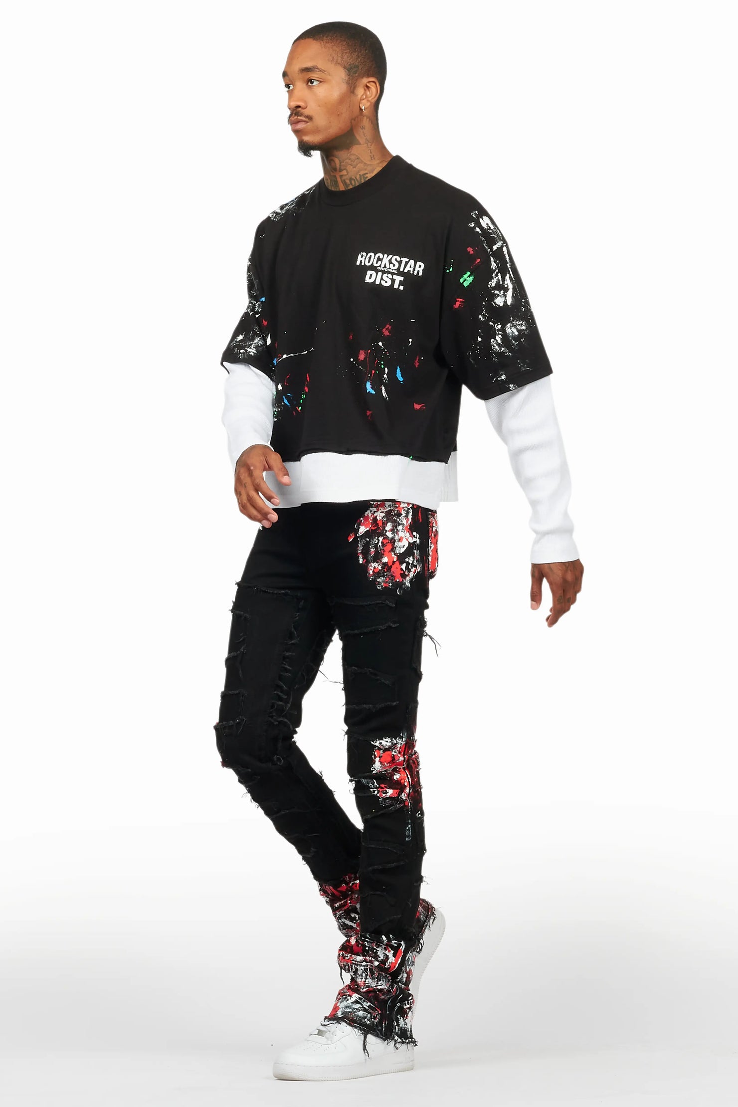 Kodak Black/Red Painter Stacked Flare Fringe Jean