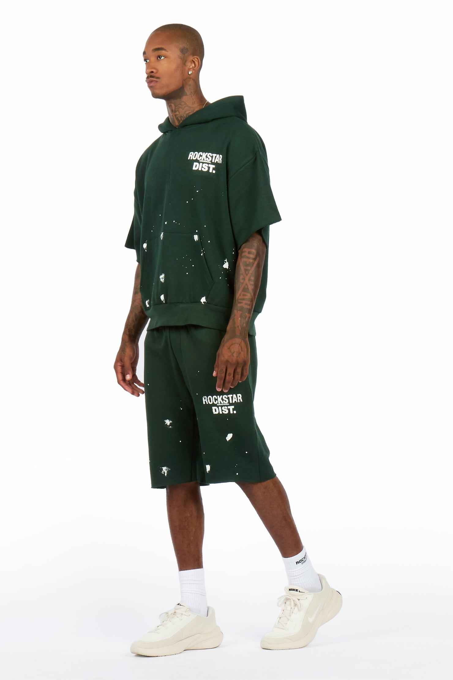 Raffer Forest Green Cut Sleeve Hoodie Short Set