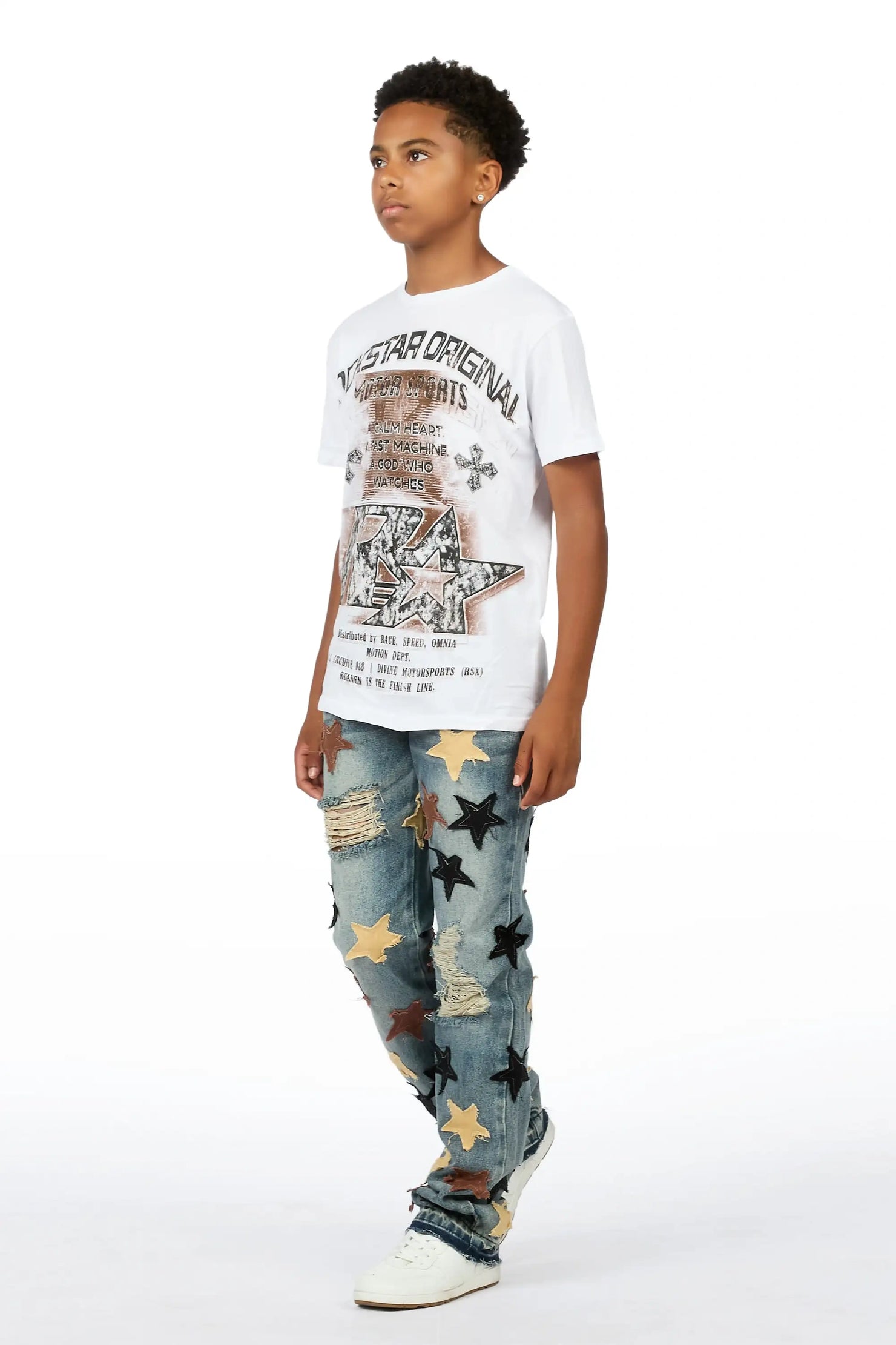 Boys Byson White/Brown T-Shirt Patchwork Jean Set