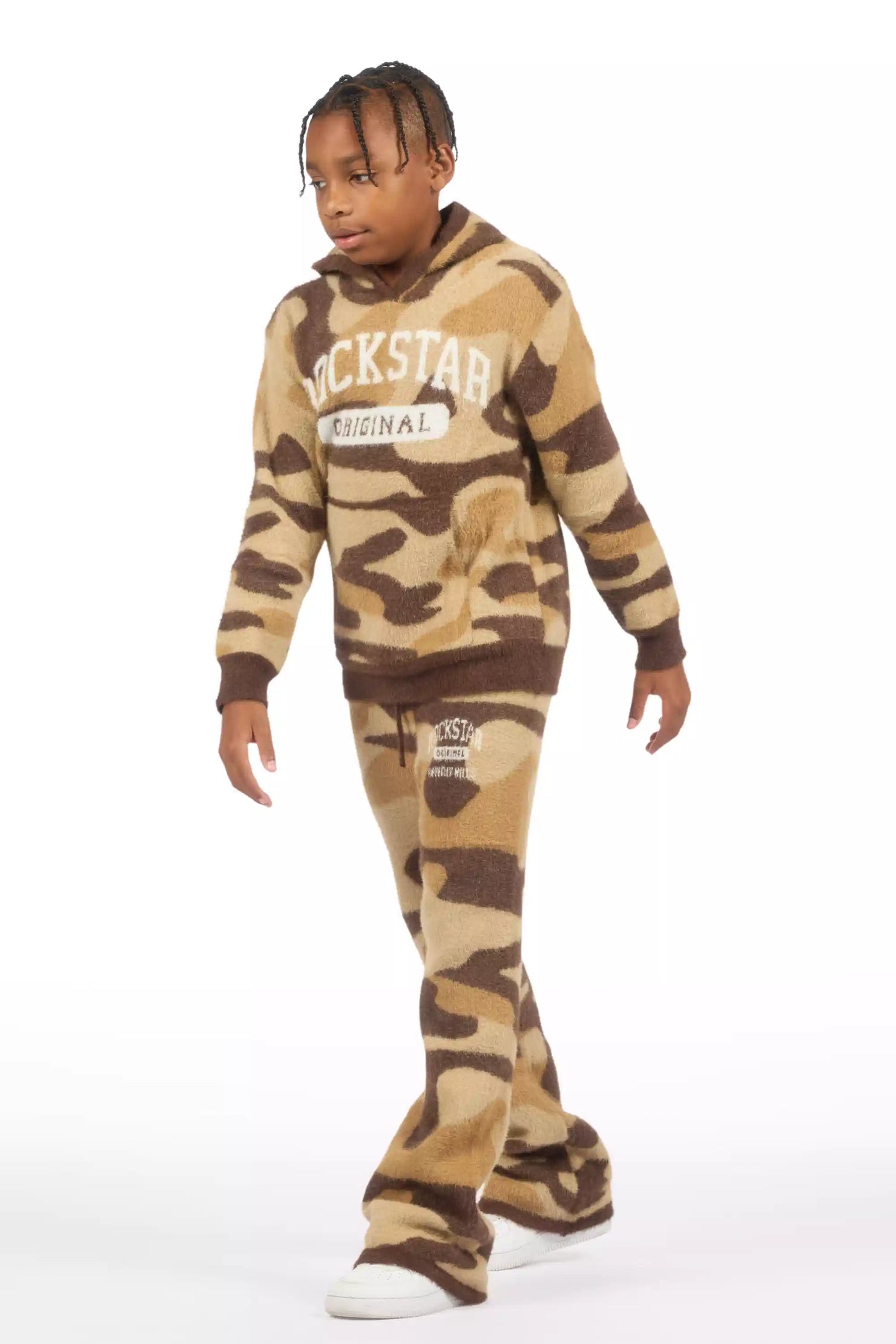 Boys Member Camo Brown Stacked Flare Knitted Mohair Track Set