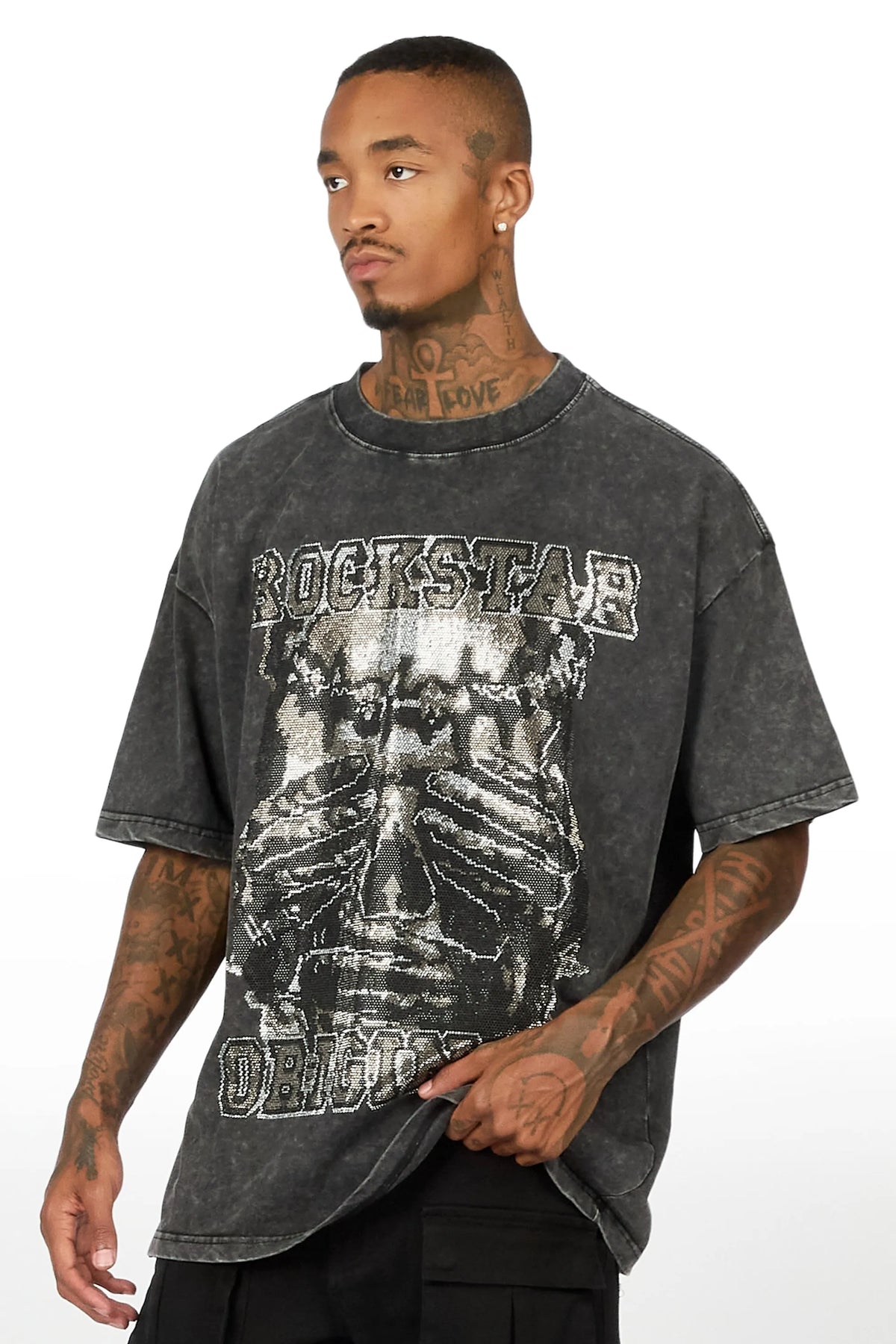 Move In Silence Black Rhinestone Oversized Graphic T-Shirt