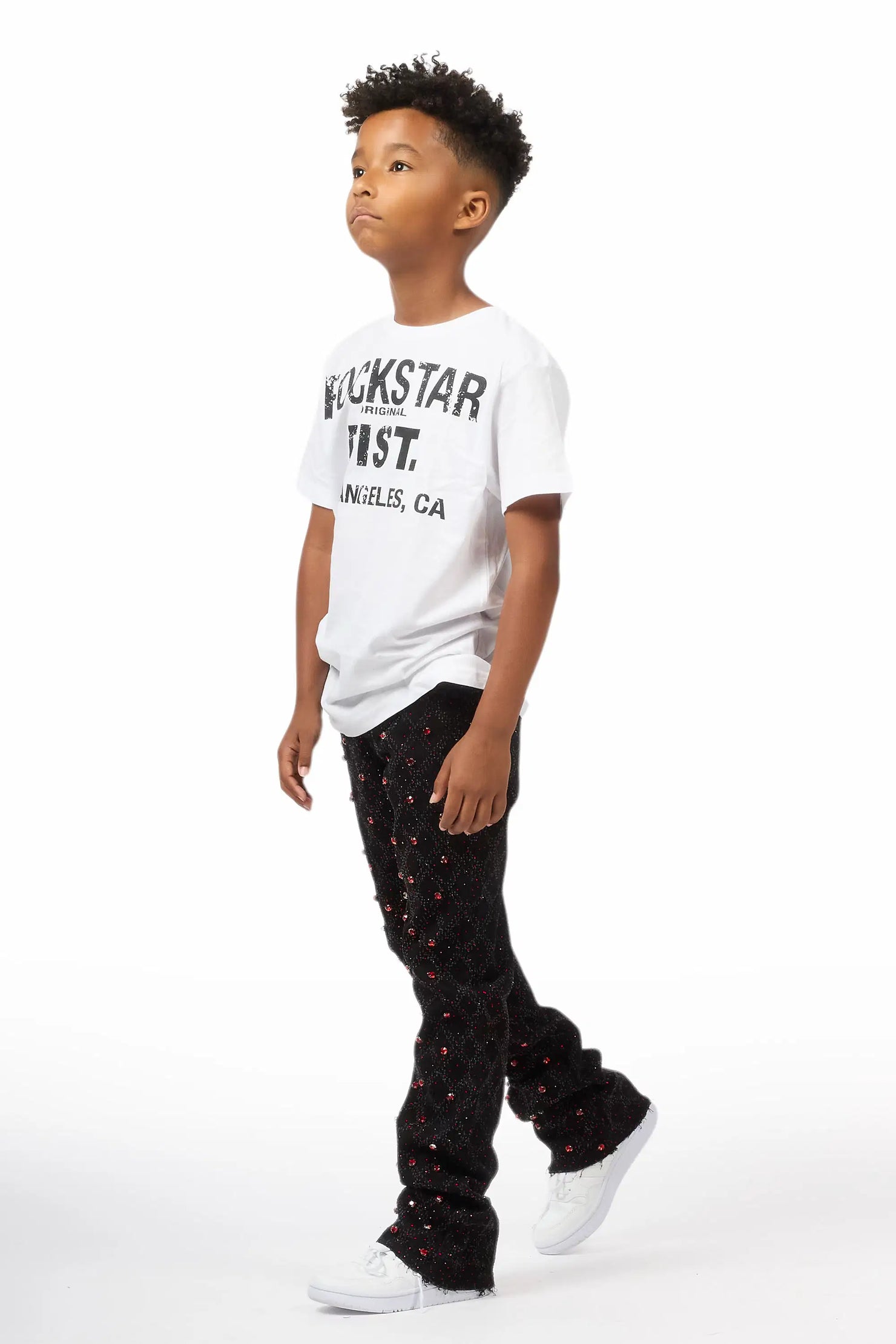Boys Glit Black/Red Rhinestone Stacked Flare Jean