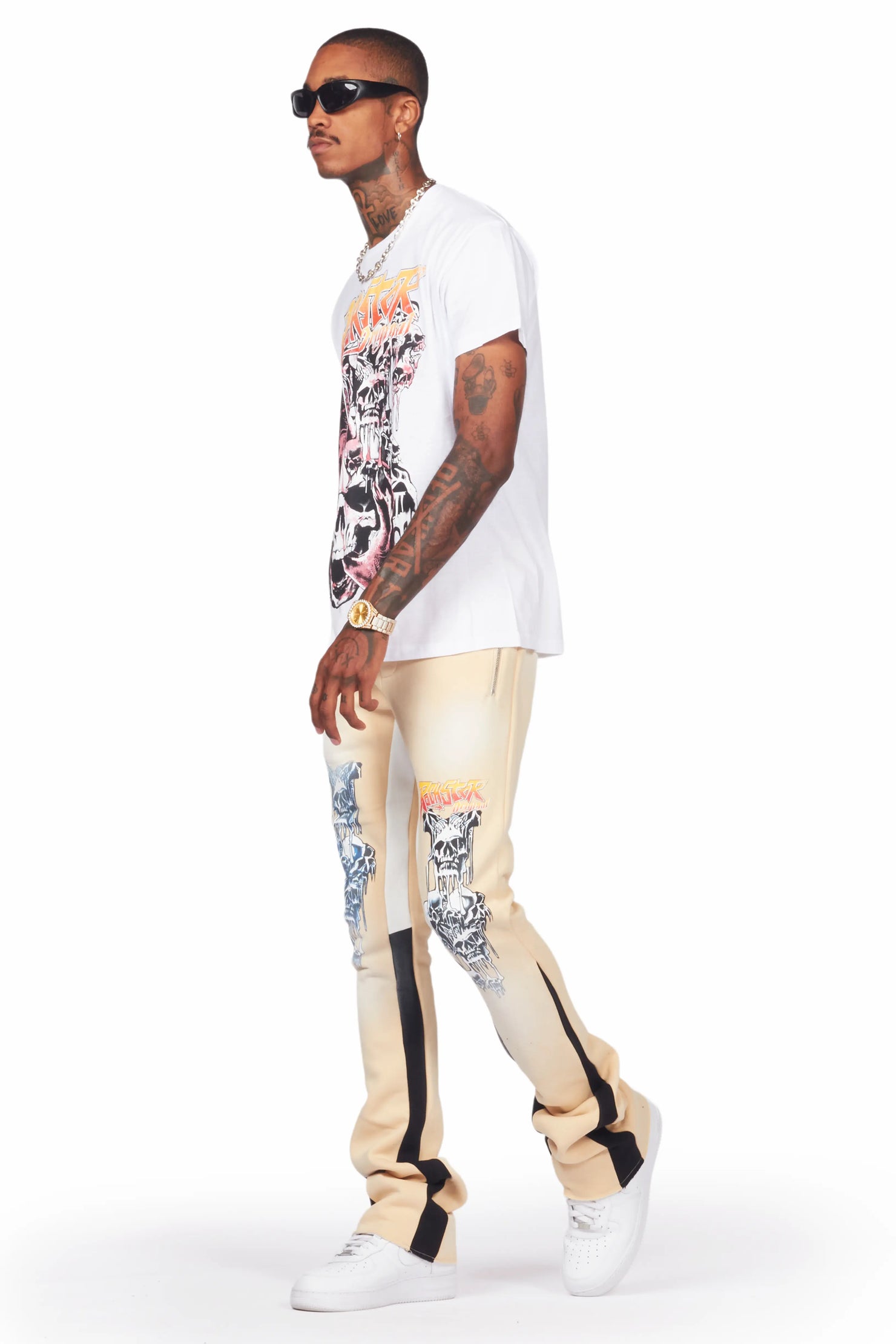 Grady White/Beige T-Shirt/Stacked Flare Track Set